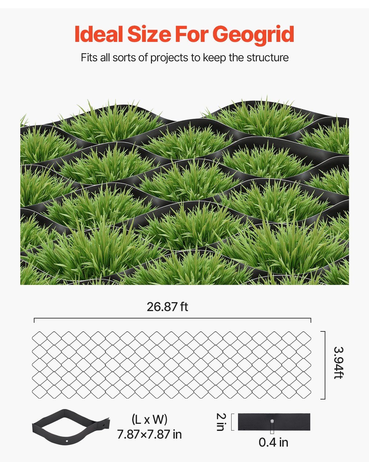 VEVOR Gravel Grid, 2 Inch Depth, 26.87 x 3.94 FT / 8200 x 1200 mm, 1880 LBS Per Sq ft Grass Ground Retainer, Permeable Geo Grids Driveway Stabilization, for Garden, Patio, Walkway, RV Parking Slopes