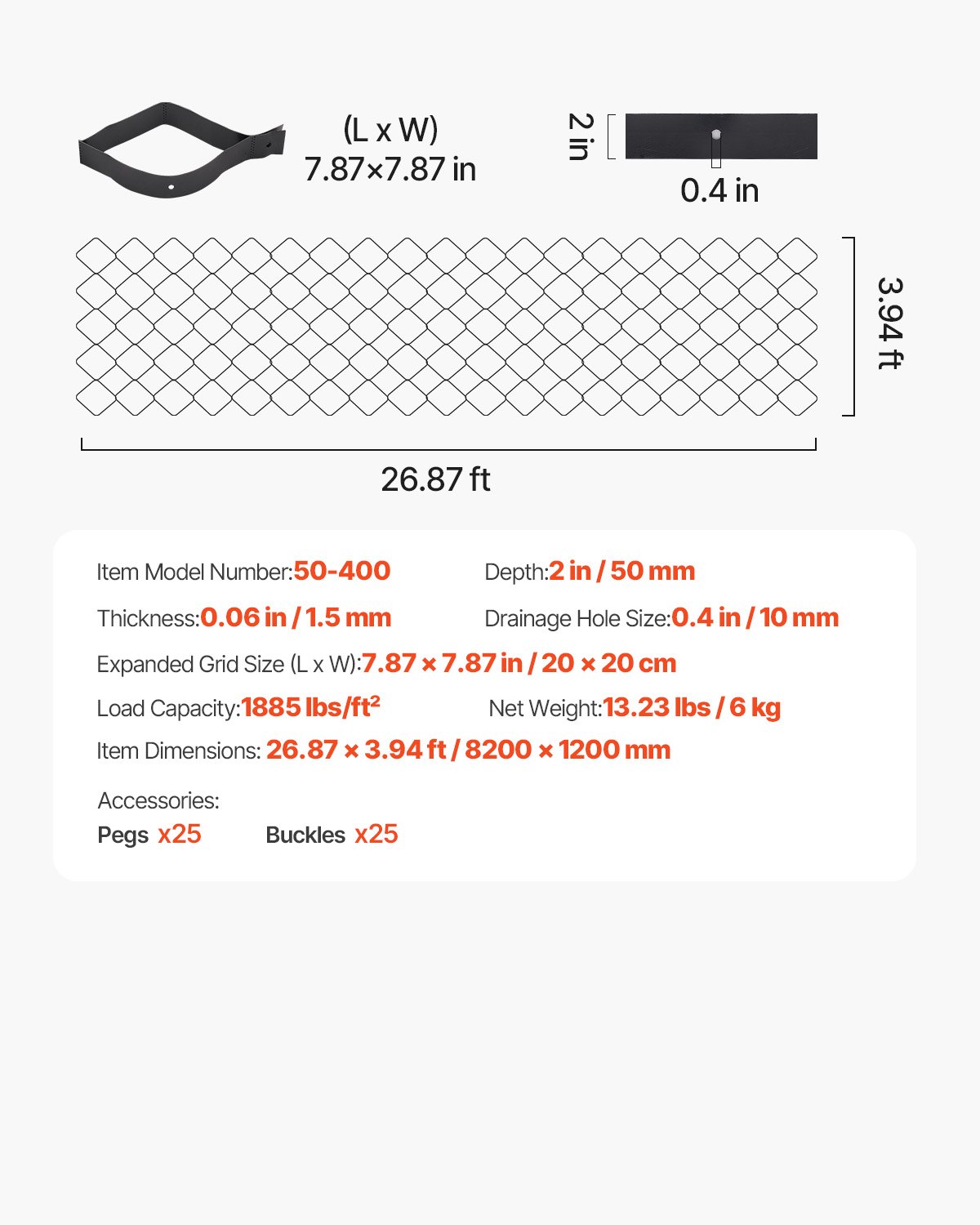 VEVOR Gravel Grid, 50mm Depth, 8.2 x 1.2m, 853kg Per Sq ft Grass Ground Retainer, Permeable Geo Grids Driveway Stabilization, for Garden, Patio, Walkway, RV Parking Slopes