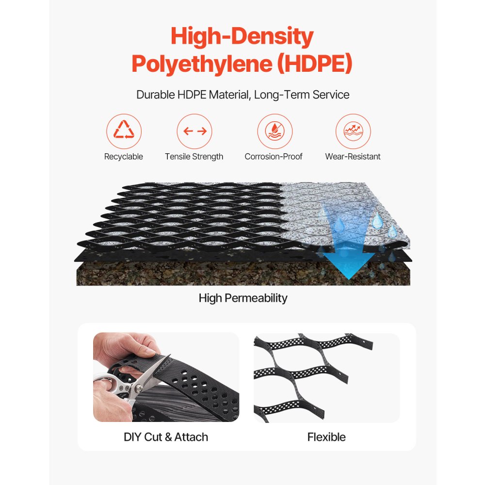 VEVOR Gravel Grid,50mm Depth, 10 x 3m, 853kg Per Sq ft Grass Ground Retainer, Permeable Geo Grids Driveway Stabilization, for Garden, Patio, Walkway, RV Parking Slopes