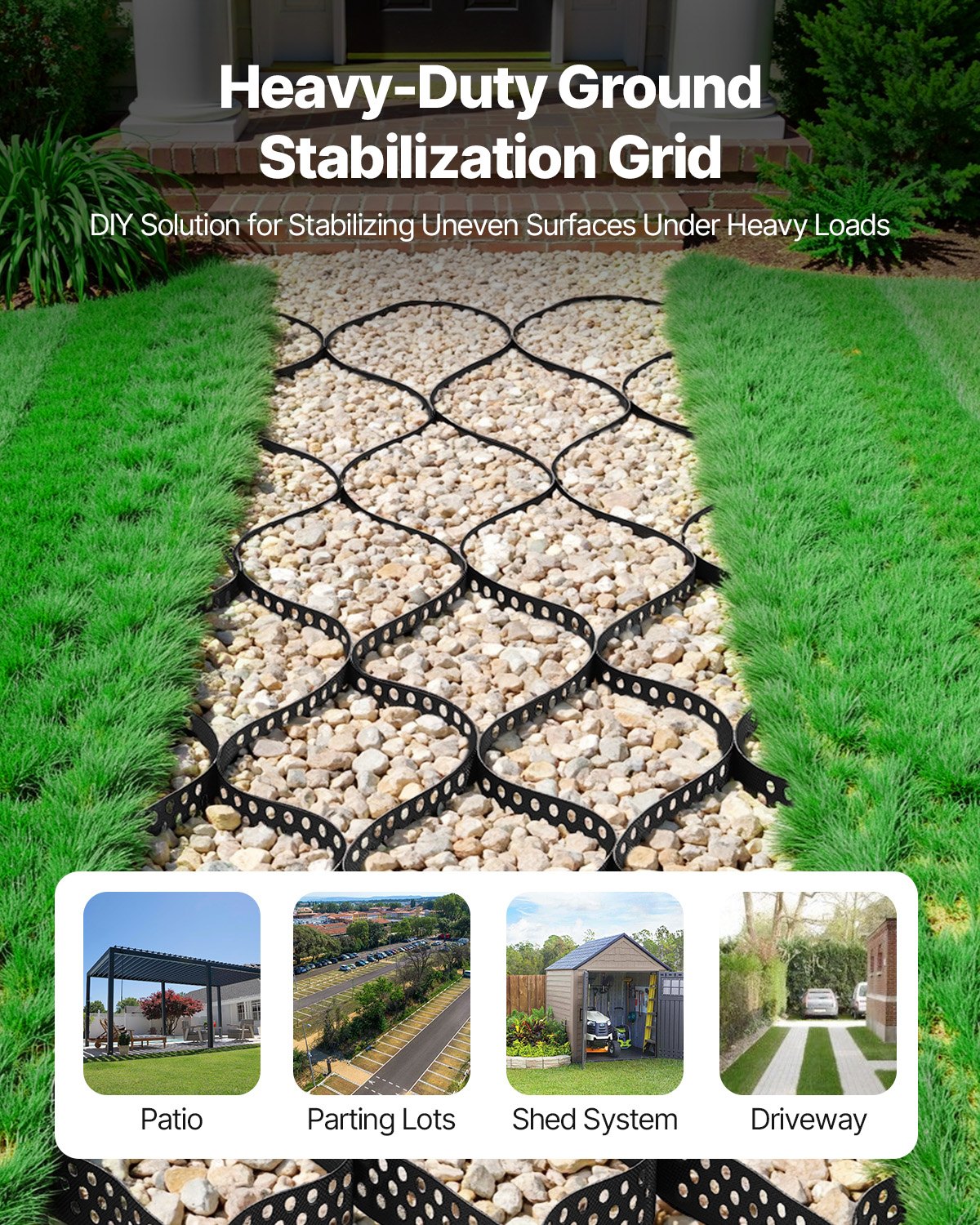 VEVOR Gravel Grid, 2 Inch Depth, 32.81 x 9.84 FT / 10000 x 3000 mm, 1880 LBS Per Sq ft Grass Ground Retainer, Permeable Geo Grids Driveway Stabilization, for Garden, Patio, Walkway, RV Parking Slopes