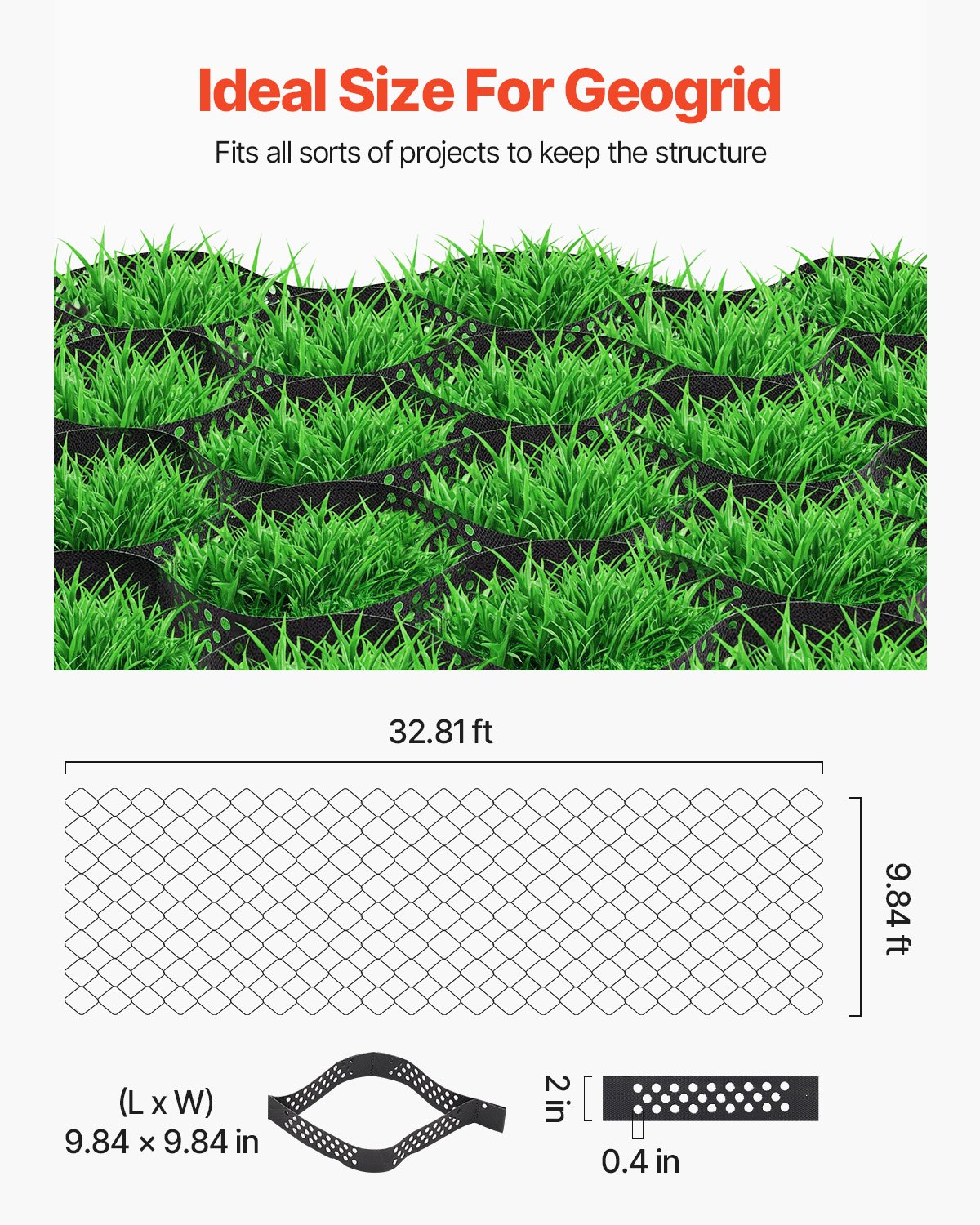 VEVOR Gravel Grid, 2 Inch Depth, 32.81 x 9.84 FT / 10000 x 3000 mm, 1880 LBS Per Sq ft Grass Ground Retainer, Permeable Geo Grids Driveway Stabilization, for Garden, Patio, Walkway, RV Parking Slopes