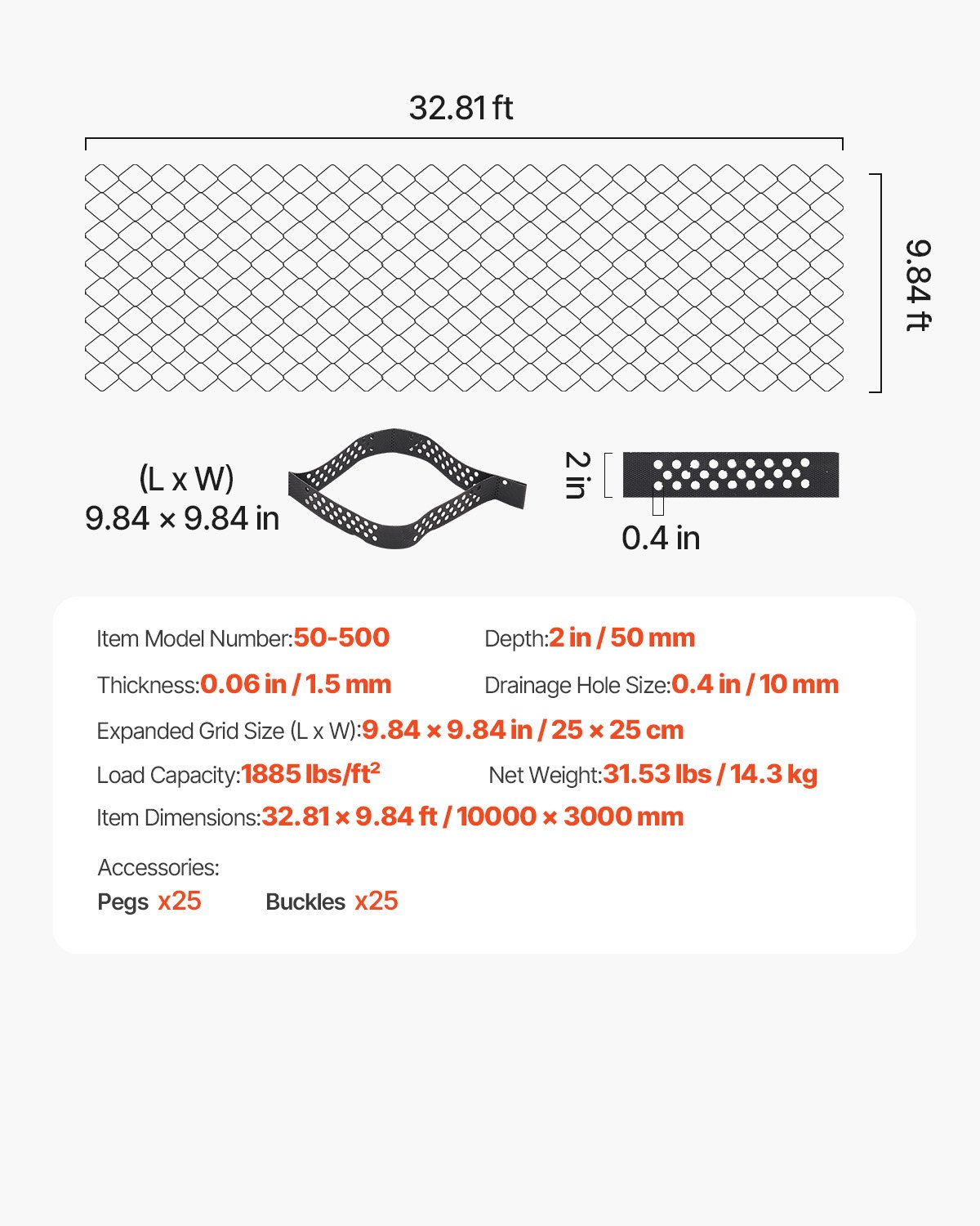 VEVOR Gravel Grid, 2 Inch Depth, 32.81 x 9.84 FT / 10000 x 3000 mm, 1880 LBS Per Sq ft Grass Ground Retainer, Permeable Geo Grids Driveway Stabilization, for Garden, Patio, Walkway, RV Parking Slopes