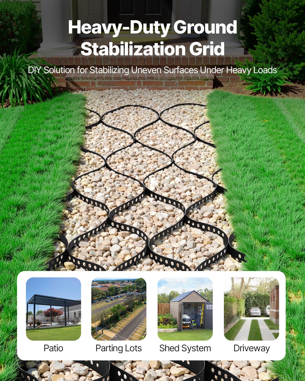 VEVOR Gravel Grid, 3 Inch Depth, 17.06 x 8.86 FT / 5200 x 2700 mm, 1880 LBS Per Sq ft Grass Ground Retainer, Permeable Geo Grids Driveway Stabilization, for Garden, Patio, Walkway, RV Parking Slopes