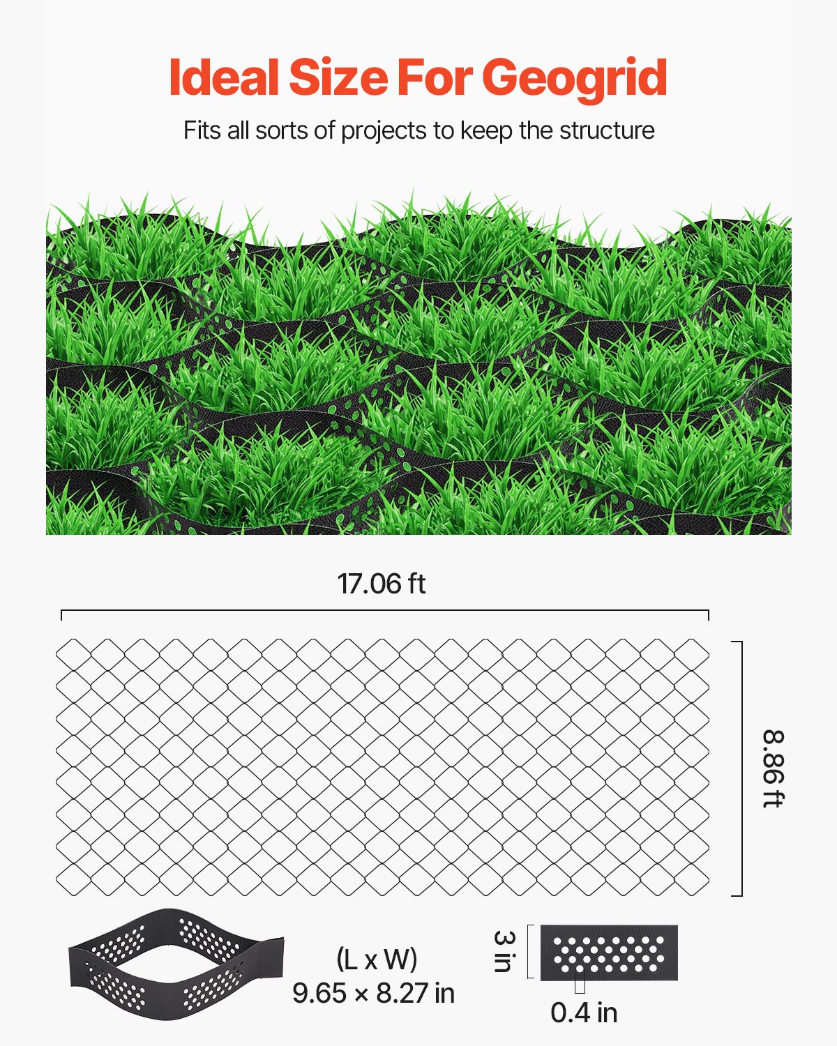 VEVOR Gravel Grid, 75mm Depth, 5.2 x 2.7m, 853kg Per Sq ft Grass Ground Retainer, Permeable Geo Grids Driveway Stabilization, for Garden, Patio, Walkway, RV Parking Slopes