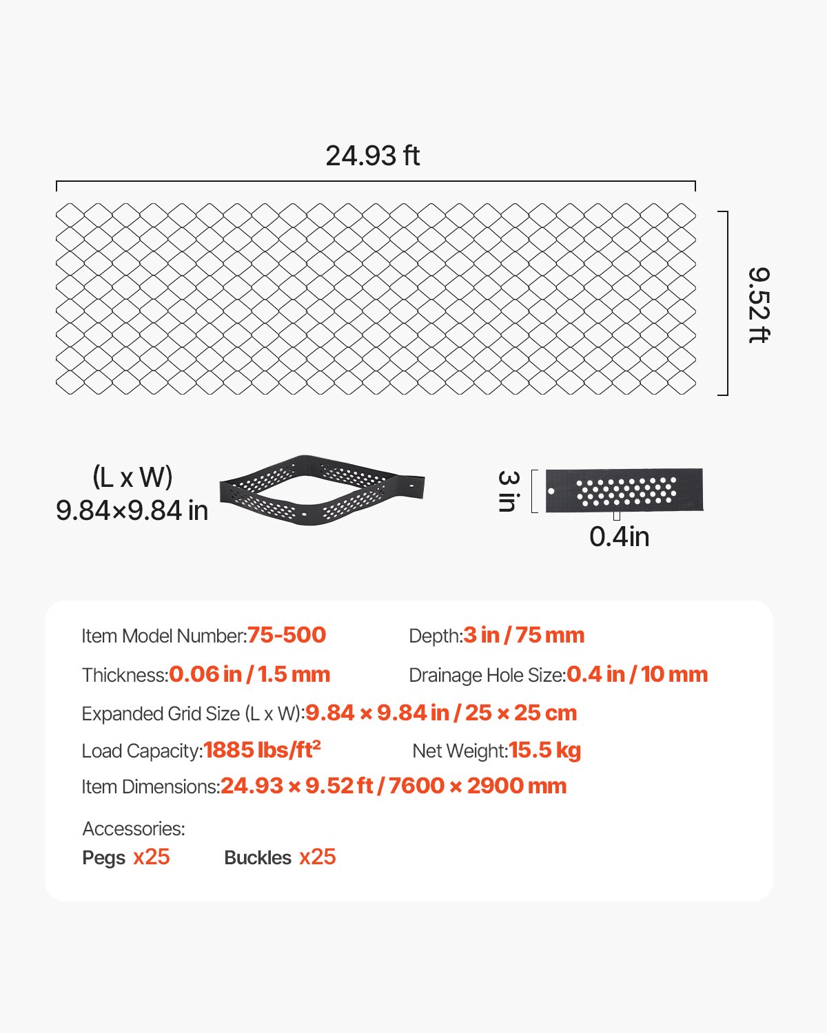 VEVOR Gravel Grid, 3 Inch Depth, 24.93 x 9.52 FT / 7600 x 2900 mm, 1880 LBS Per Sq ft Grass Ground Retainer, Permeable Geo Grids Driveway Stabilization, for Garden, Patio, Walkway, RV Parking Slopes