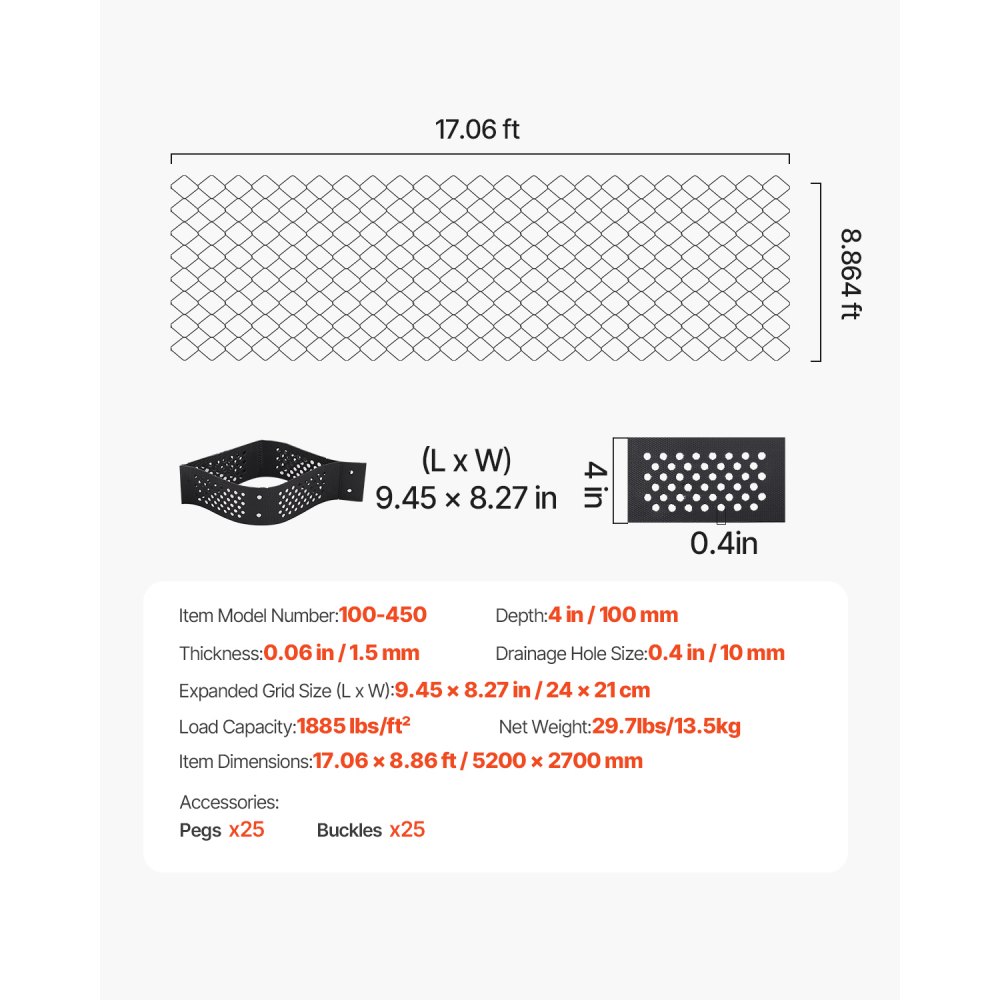 Štěrková mříž VEVOR, hloubka 4 palce, 17,06 x 8,86 stop / 5200 x 2700 mm, 1880 liber na čtvereční stopu, propustná geomříž pro stabilizaci příjezdové cesty, pro zahradu, terasu, chodník, svahy pro parkování obytných vozů