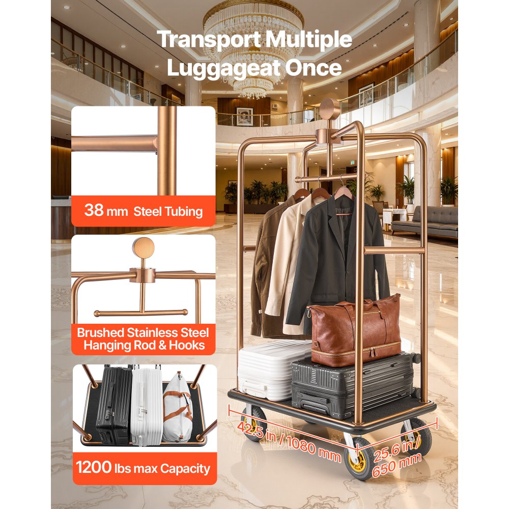 VEVOR Hotel Luggage Cart, 544.31 kg Heavy Duty Bellman Cart with Stainless Steel Frame, 203 mm Rubber Wheels, Black Carpeted Deck, Commercial Luggage Carrier Rolling Trolley for Hotels,Resorts, Rose Gold