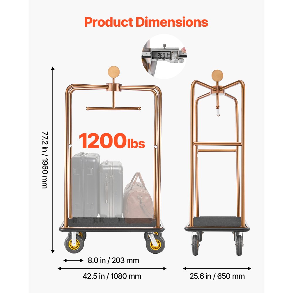 VEVOR Hotel Luggage Cart, 544.31 kg Heavy Duty Bellman Cart with Stainless Steel Frame, 203 mm Rubber Wheels, Black Carpeted Deck, Commercial Luggage Carrier Rolling Trolley for Hotels,Resorts, Rose Gold