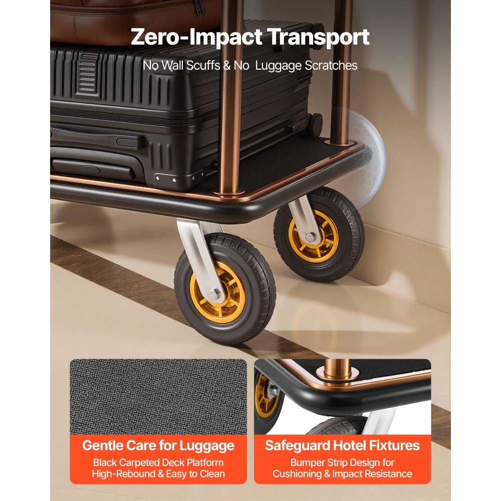 VEVOR Hotel Luggage Cart, 544.31 kg Heavy Duty Bellman Cart with Stainless Steel Frame, 203 mm Rubber Wheels, Black Carpeted Deck, Commercial Luggage Carrier Rolling Trolley for Hotels,Resorts, Rose Gold