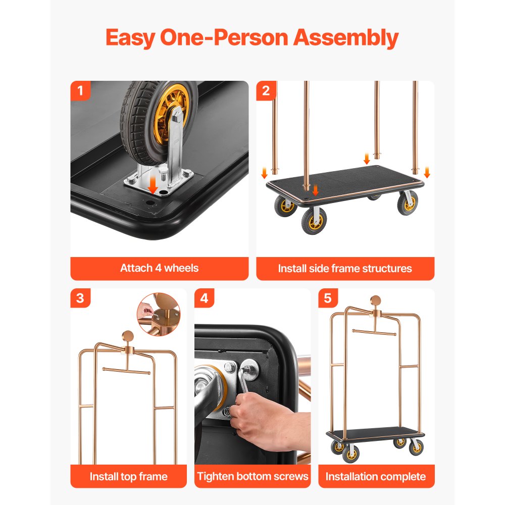 VEVOR Hotel Luggage Cart, 544.31 kg Heavy Duty Bellman Cart with Stainless Steel Frame, 203 mm Rubber Wheels, Black Carpeted Deck, Commercial Luggage Carrier Rolling Trolley for Hotels,Resorts, Rose Gold