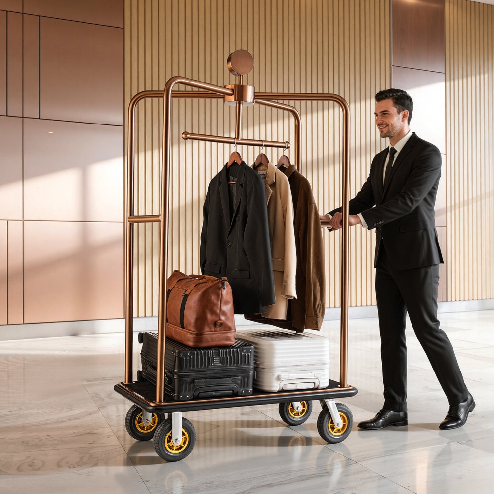 VEVOR Hotel Luggage Cart, 544.31 kg Heavy Duty Bellman Cart with Stainless Steel Frame, 203 mm Rubber Wheels, Black Carpeted Deck, Commercial Luggage Carrier Rolling Trolley for Hotels,Resorts, Rose Gold