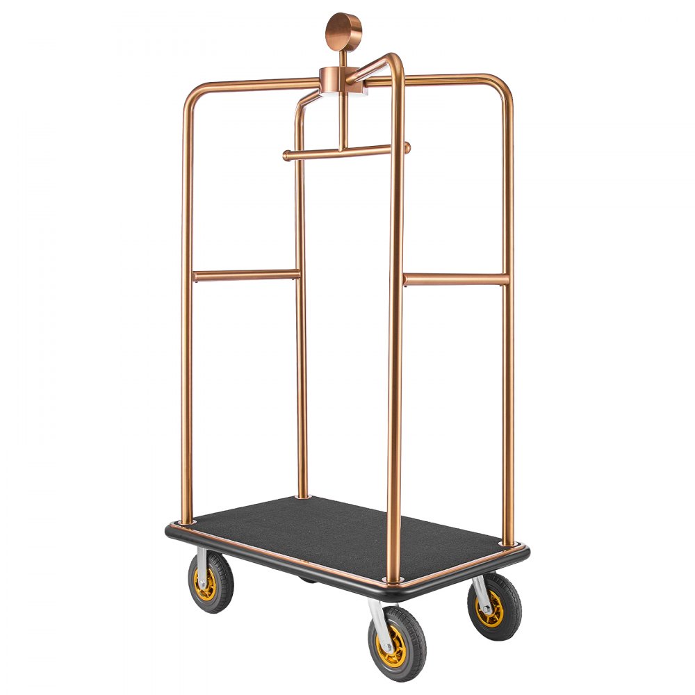 VEVOR Hotel Luggage Cart, 544.31 kg Heavy Duty Bellman Cart with Stainless Steel Frame, 203 mm Rubber Wheels, Black Carpeted Deck, Commercial Luggage Carrier Rolling Trolley for Hotels,Resorts, Rose Gold
