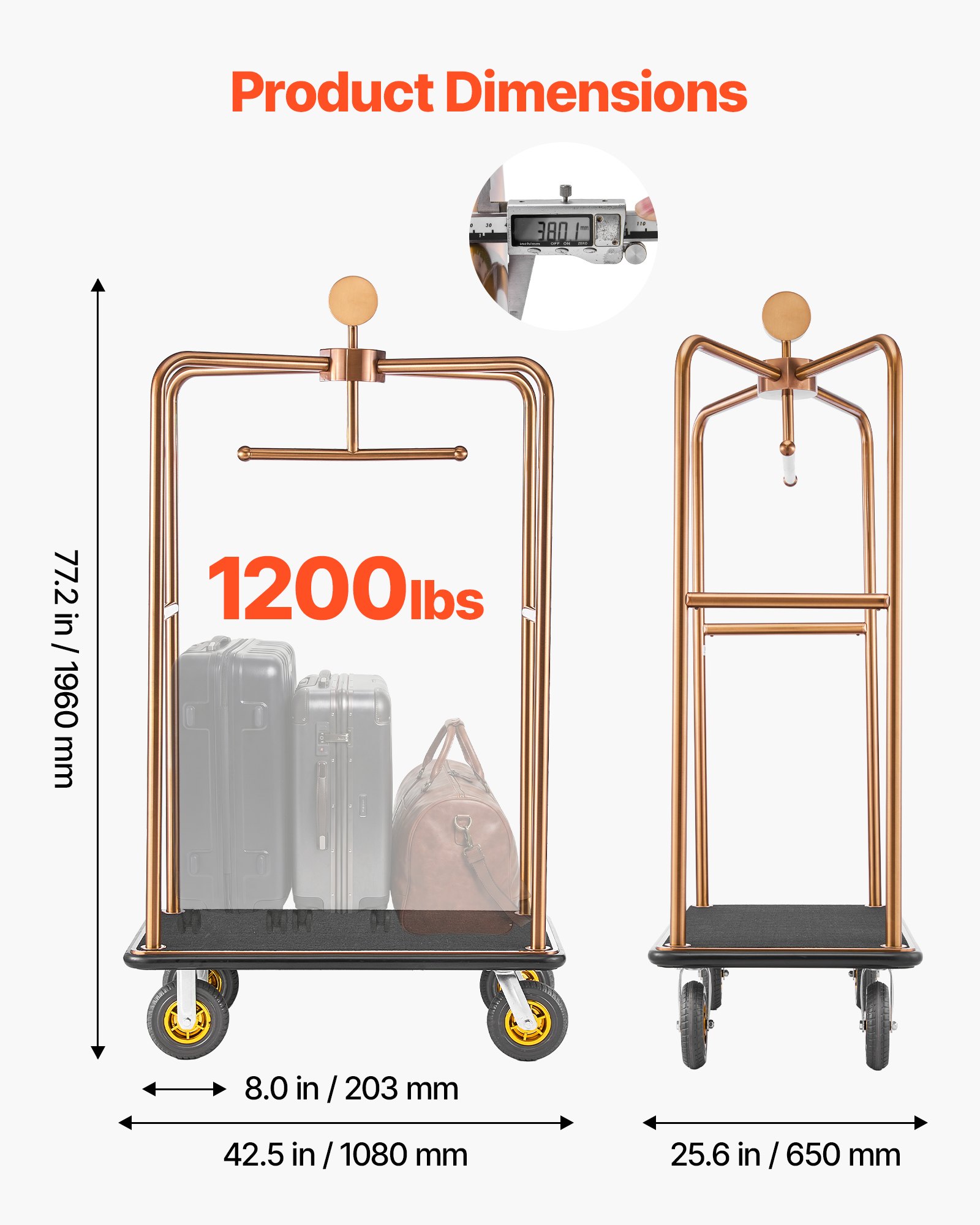 VEVOR Hotel Luggage Cart, 544.31 kg Heavy Duty Bellman Cart with Stainless Steel Frame, 203 mm Rubber Wheels, Black Carpeted Deck, Commercial Luggage Carrier Rolling Trolley for Hotels,Resorts, Rose Gold