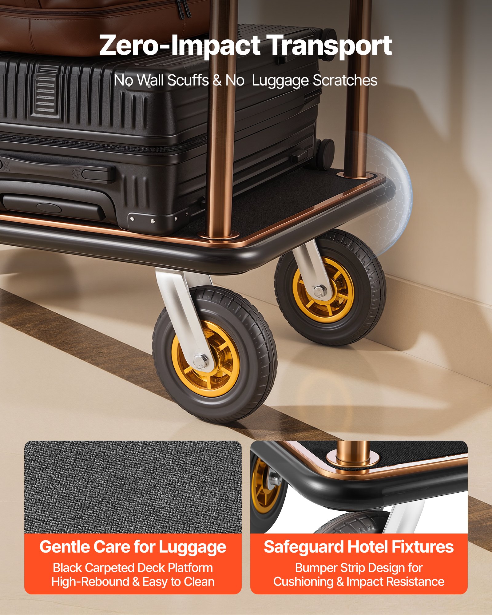 VEVOR Hotel Luggage Cart, 544.31 kg Heavy Duty Bellman Cart with Stainless Steel Frame, 203 mm Rubber Wheels, Black Carpeted Deck, Commercial Luggage Carrier Rolling Trolley for Hotels,Resorts, Rose Gold