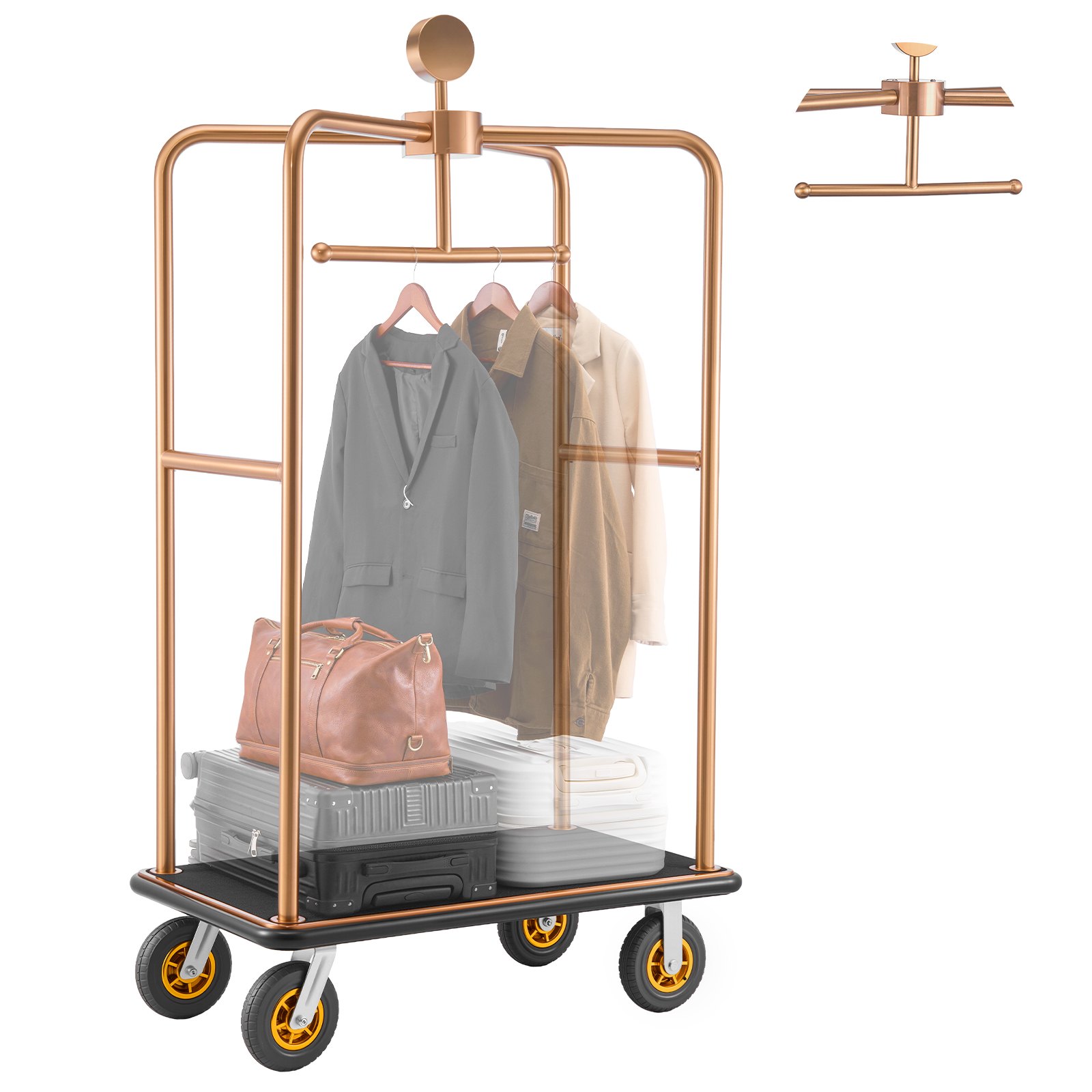 VEVOR Hotel Luggage Cart, 544.31 kg Heavy Duty Bellman Cart with Stainless Steel Frame, 203 mm Rubber Wheels, Black Carpeted Deck, Commercial Luggage Carrier Rolling Trolley for Hotels,Resorts, Rose Gold