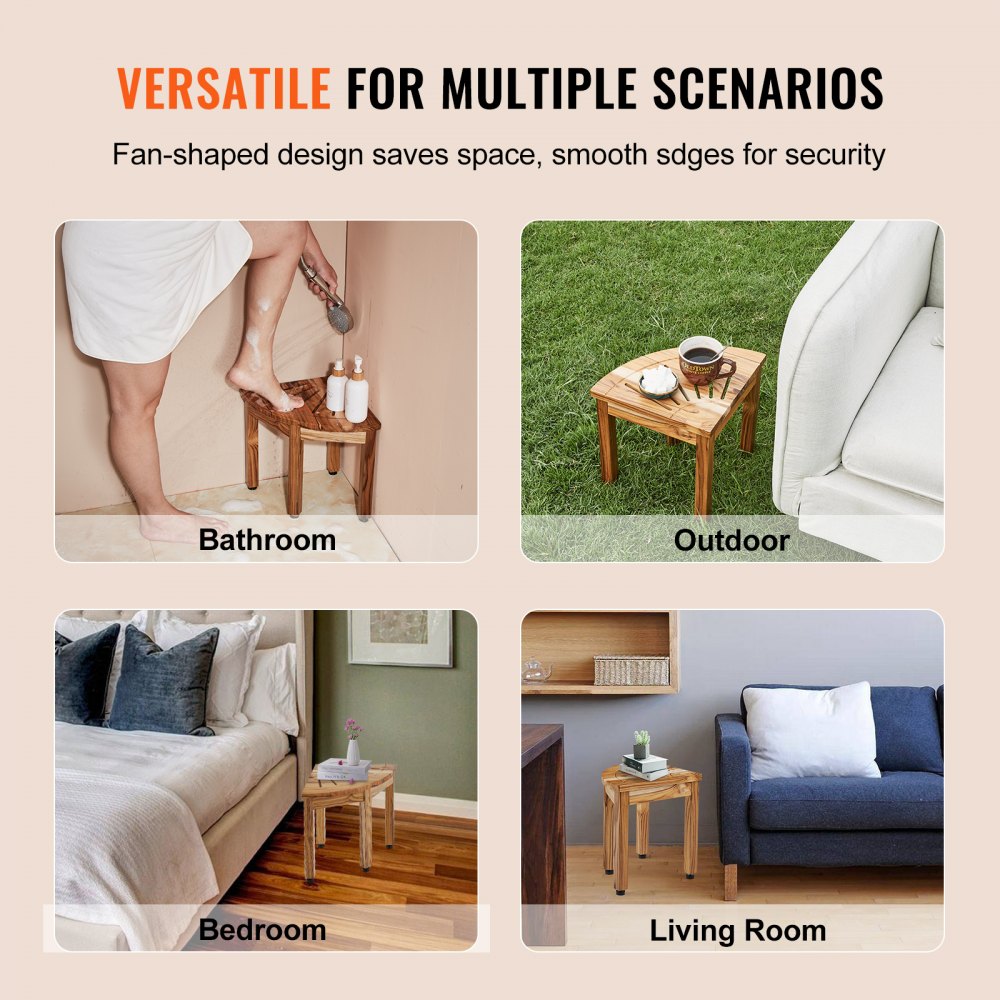 VEVOR Corner Teak Shower Bench, 12.4" Height 11.5" Radius, 100% Teak Wood Corner Shower Beach, 300 LBS with Storage Shelf, Shower Stool for Inside & Outside Shower, for Bathroom