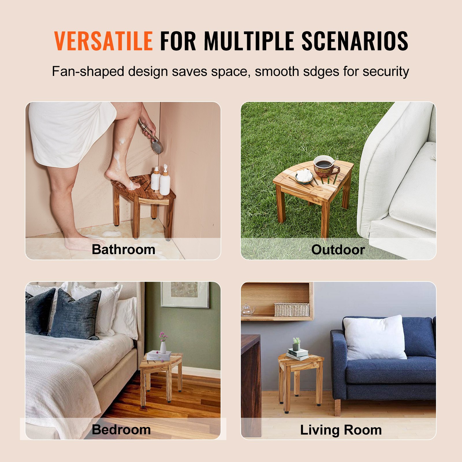 VEVOR Corner Teak Shower Bench, 12.4" Height 11.5" Radius, 100% Teak Wood Corner Shower Beach, 300 LBS with Storage Shelf, Shower Stool for Inside & Outside Shower, for Bathroom