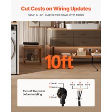 10 ft Dryer Power Cord 3-Prong NEMA 10-30P Dryer Cord w/ Eyelet Connectors