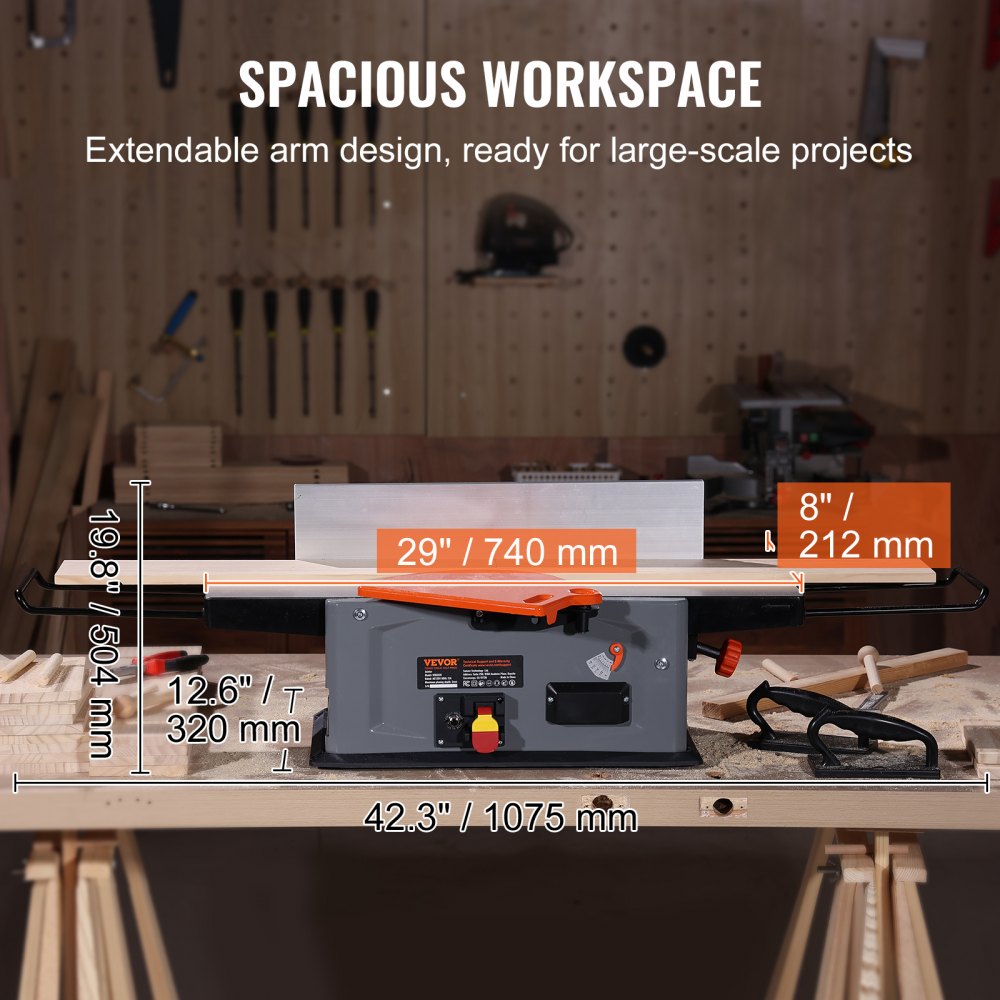VEVOR Benchtop Spiral Jointer, 8-Inch, 2HP with 10000 RPM, Featuring an 18-Blade Spiral Cutterhead, Extendable Arm to 6.5'', and a 8x42.3'' Worktable with 0-1/8'' Depth Adjustment for Woodcraft