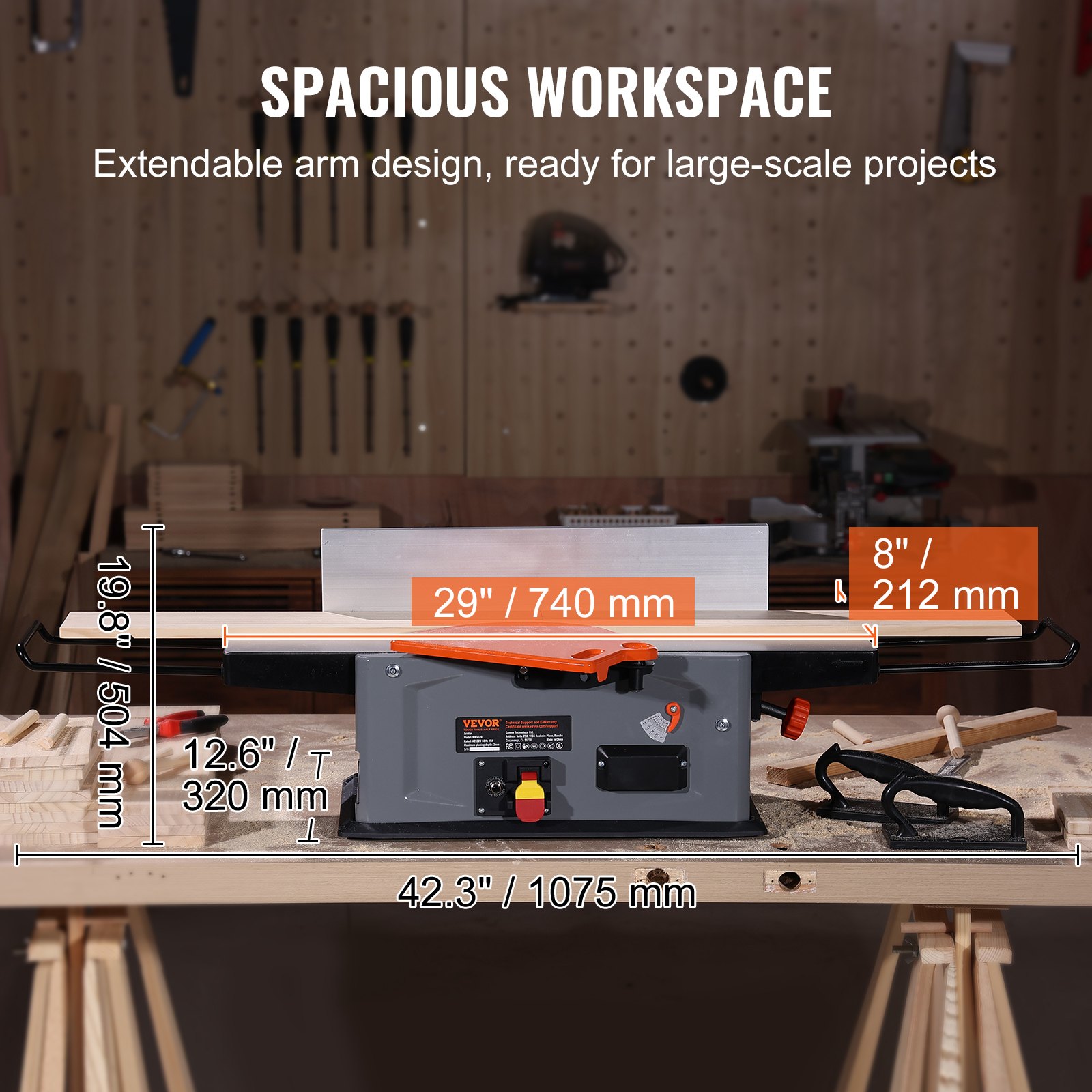 VEVOR Benchtop Spiral Jointer, 8-Inch, 2HP with 10000 RPM, Featuring an 18-Blade Spiral Cutterhead, Extendable Arm to 6.5'', and a 8x42.3'' Worktable with 0-1/8'' Depth Adjustment for Woodcraft