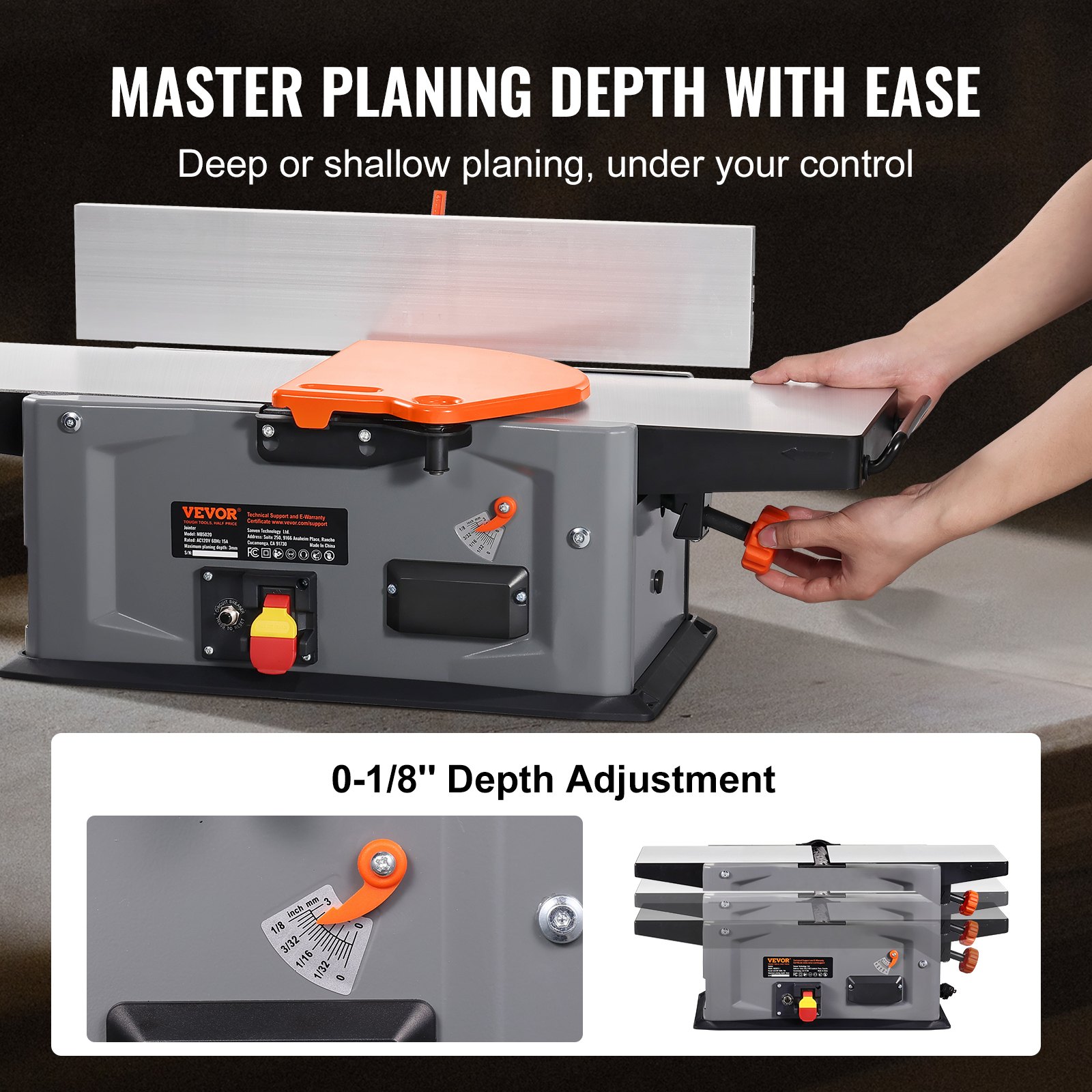 VEVOR Benchtop Spiral Jointer, 8-Inch, 2HP with 10000 RPM, Featuring an 18-Blade Spiral Cutterhead, Extendable Arm to 6.5'', and a 8x42.3'' Worktable with 0-1/8'' Depth Adjustment for Woodcraft