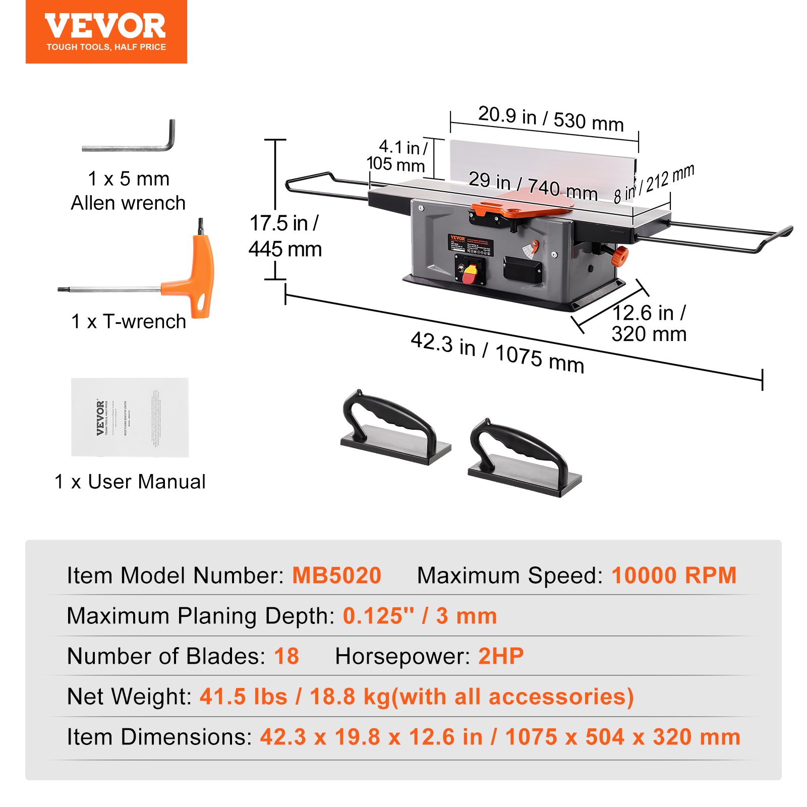 VEVOR Benchtop Spiral Jointer, 8-Inch, 2HP with 10000 RPM, Featuring an 18-Blade Spiral Cutterhead, Extendable Arm to 6.5'', and a 8x42.3'' Worktable with 0-1/8'' Depth Adjustment for Woodcraft
