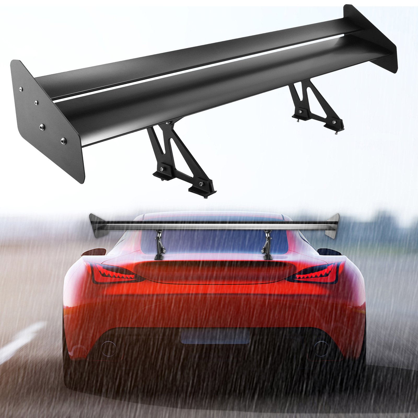 VEVOR gt wing spoiler installed on a red sports car driving in the rain.