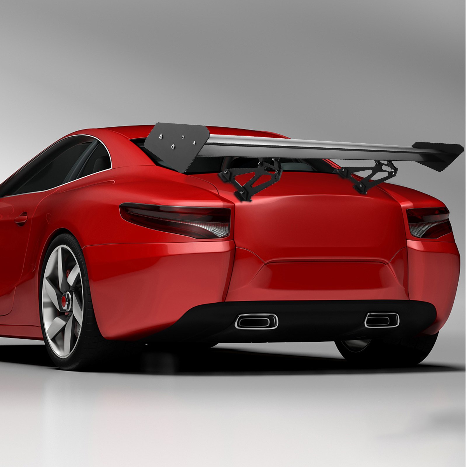 red sports car rear with a VEVOR gt wing spoiler, dual exhaust, and sleek taillights.