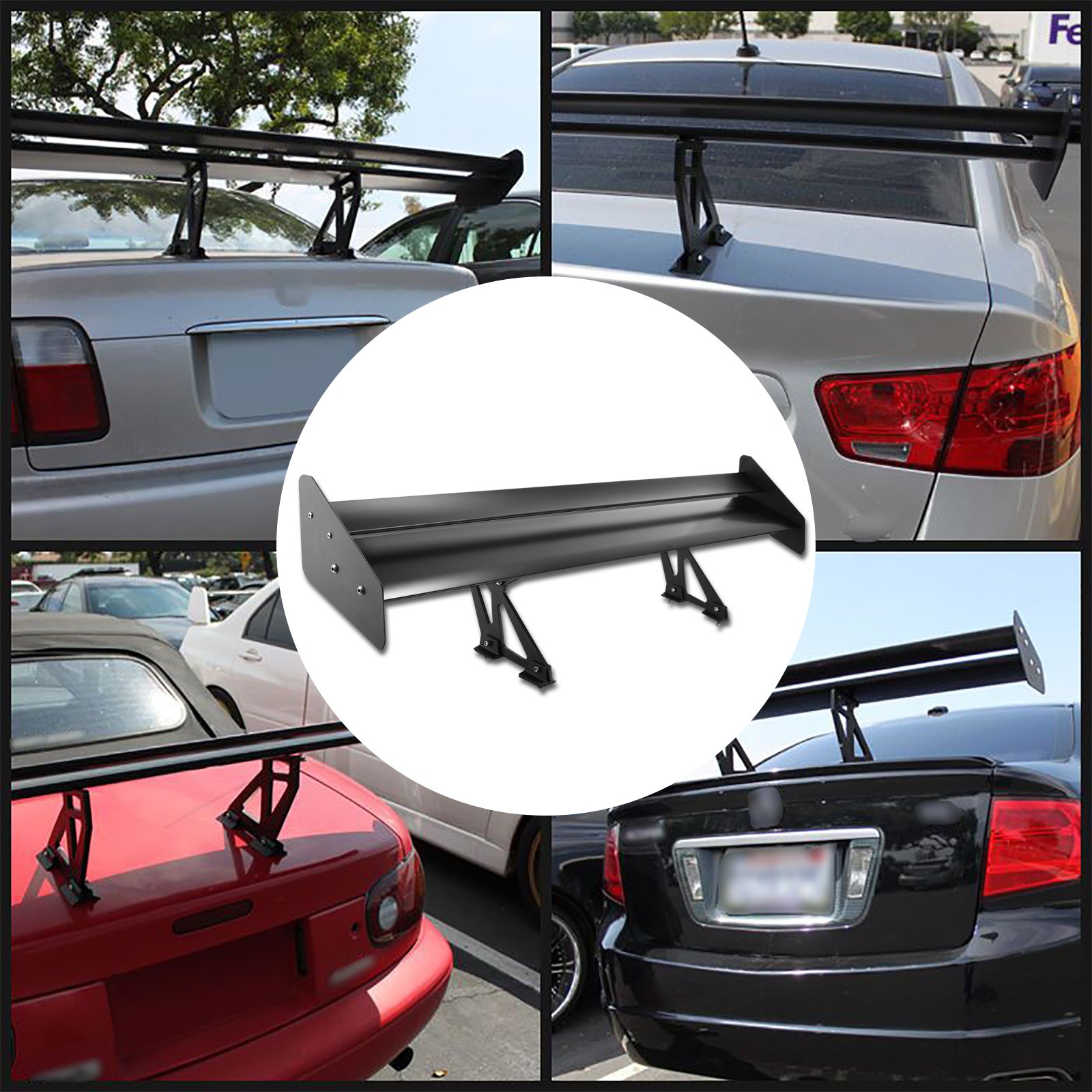collage of cars showcasing the VEVOR gt wing spoiler rear installation.