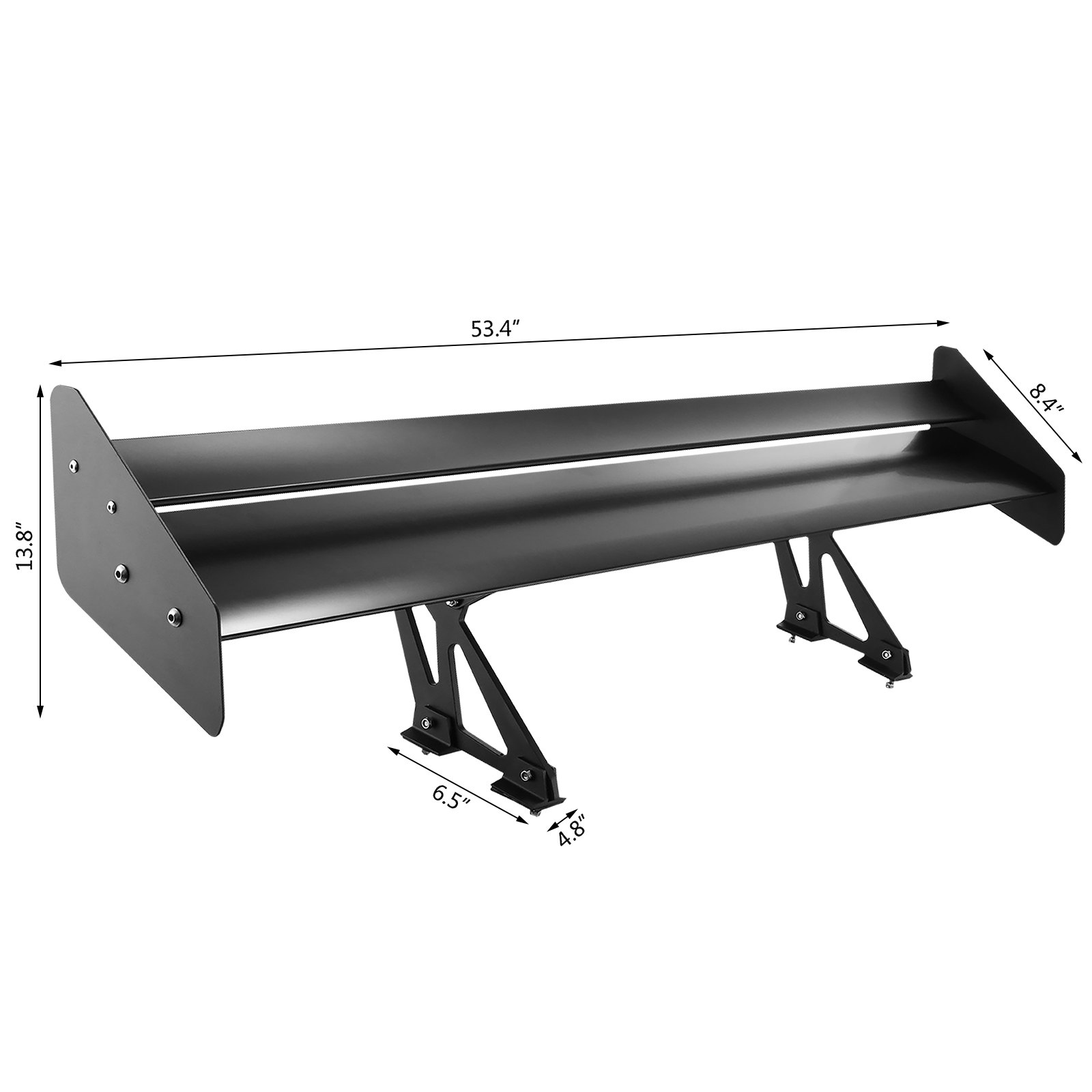 black VEVOR gt wing spoiler with dimensions for length, width, and height displayed.