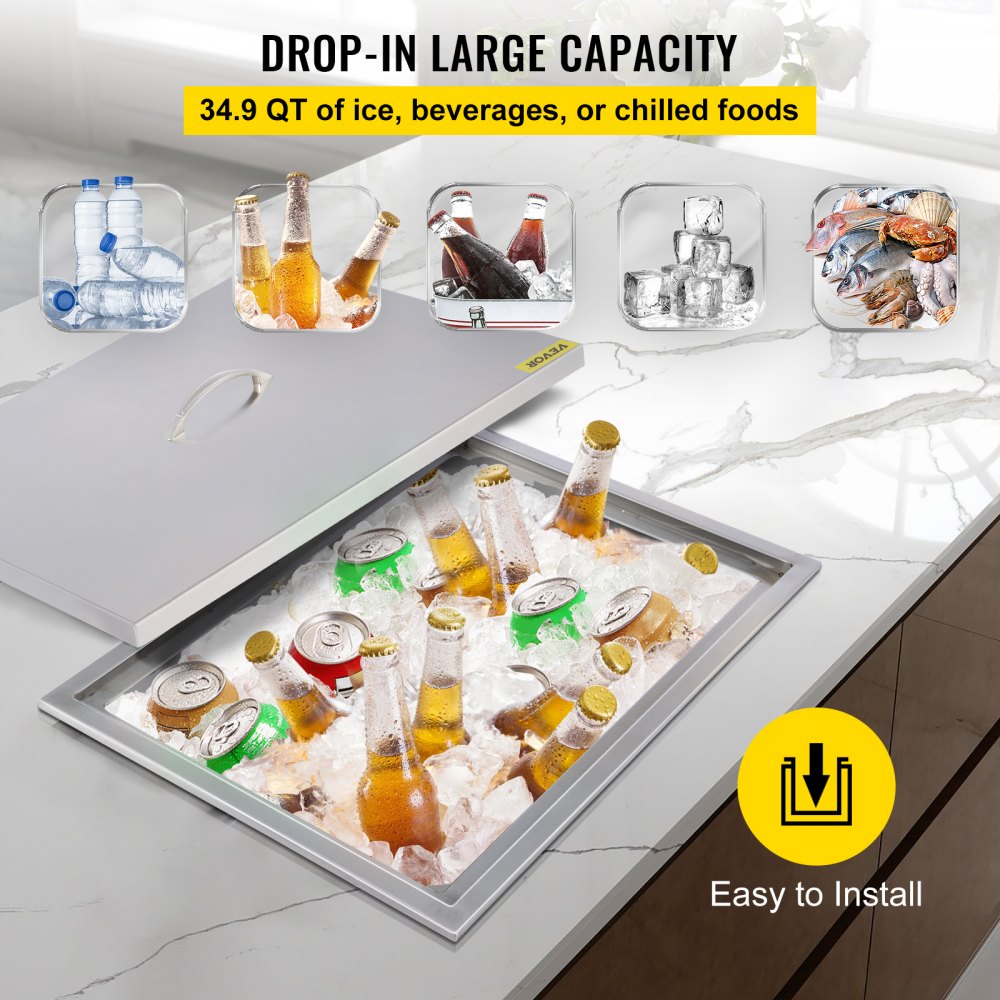VEVOR ice chest with 34.9 qt capacity filled with drinks and ice, easy to install.