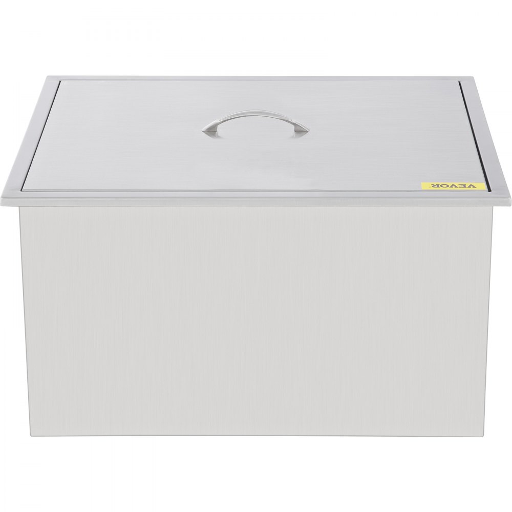 stainless steel VEVOR ice chest with a handle on the lid.