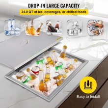 VEVOR Drop in Ice Chest 20.5\'\'L x 13.5\'\'W x 12.2\'\'H with Cover 304 Stainless Steel Drop in Cooler Included Drain-pipe and Drain Plug Drop in Ice Bin for Cold Wine Beer