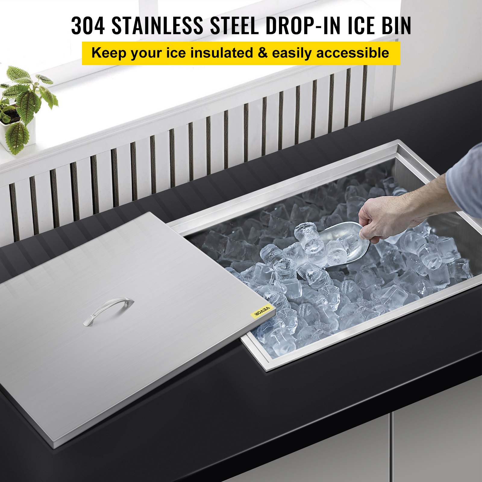 VEVOR ice chest with 304 stainless steel drop-in ice bin, easy ice access.