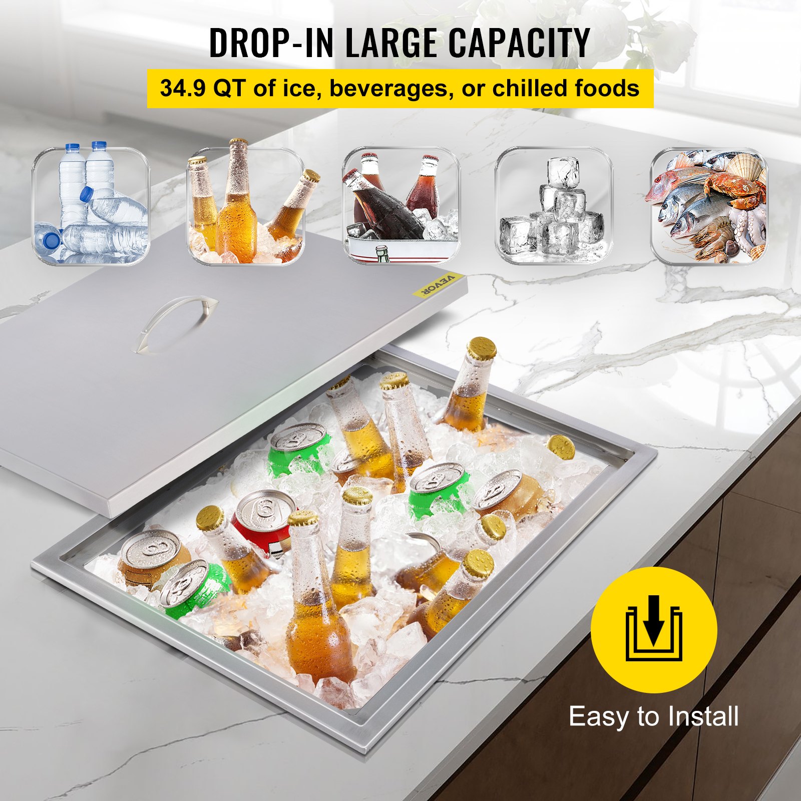 VEVOR ice chest with 34.9 qt capacity filled with drinks and ice, easy to install.