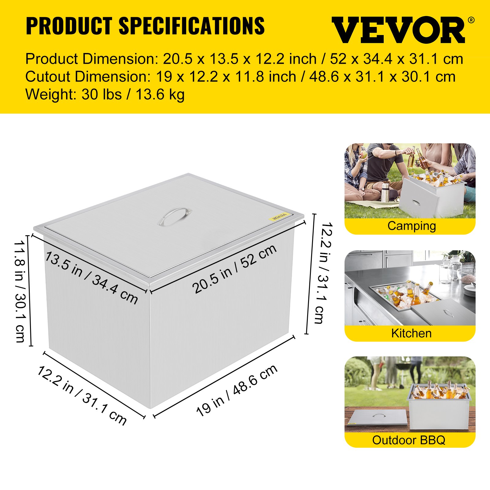 VEVOR ice chest with detailed dimensions and versatile uses for camping, kitchen, outdoor bbq.