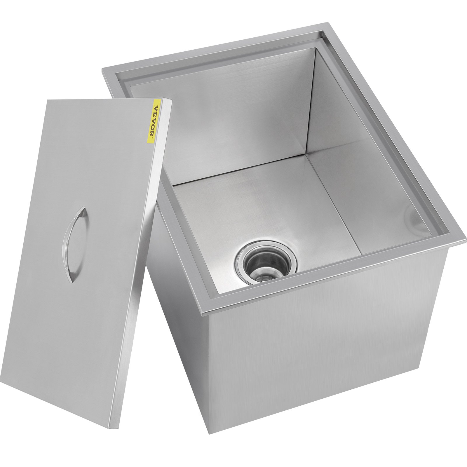 stainless steel VEVOR ice chest with lid, featuring a drain in the bottom.