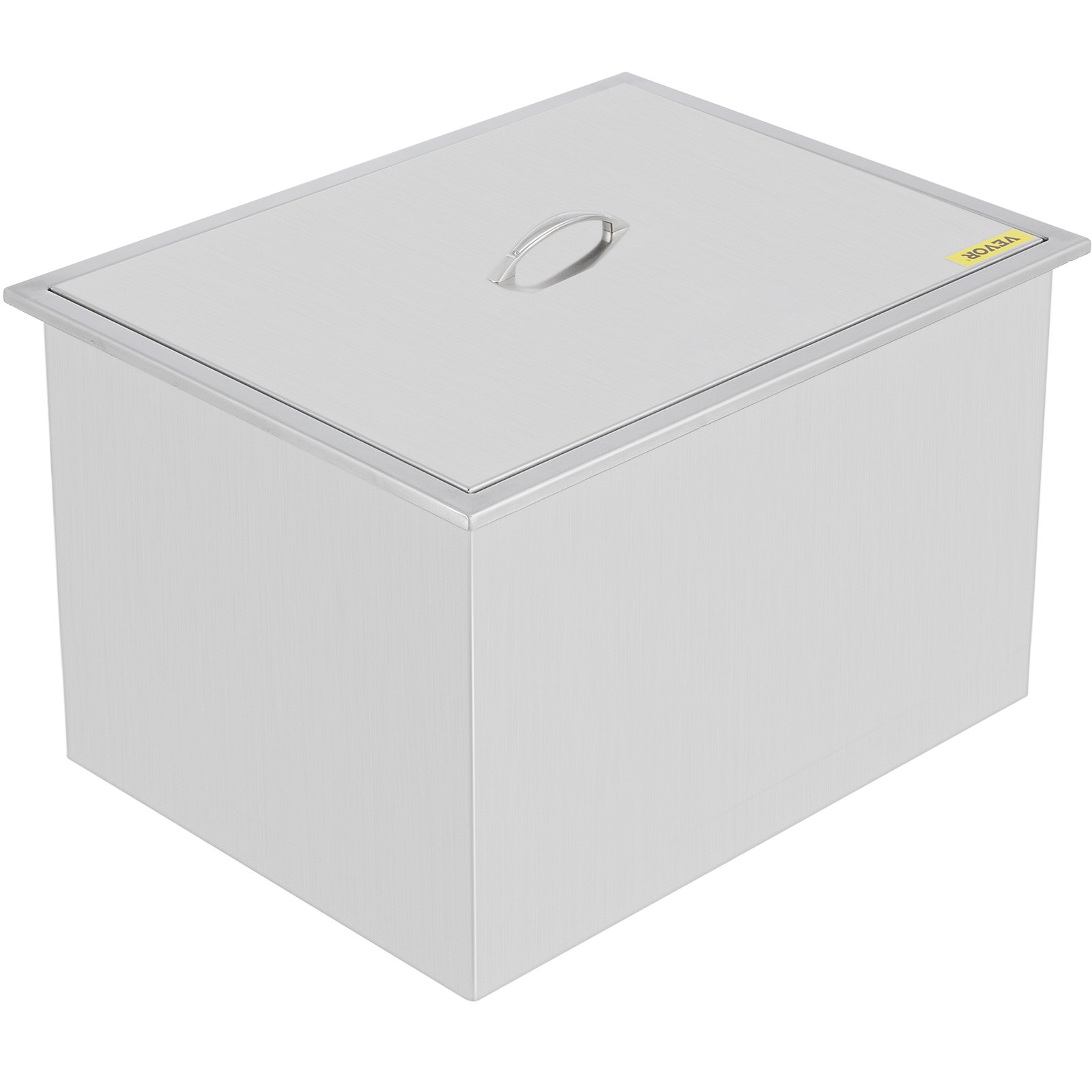 stainless steel VEVOR ice chest with a lid and handle, angled top view.