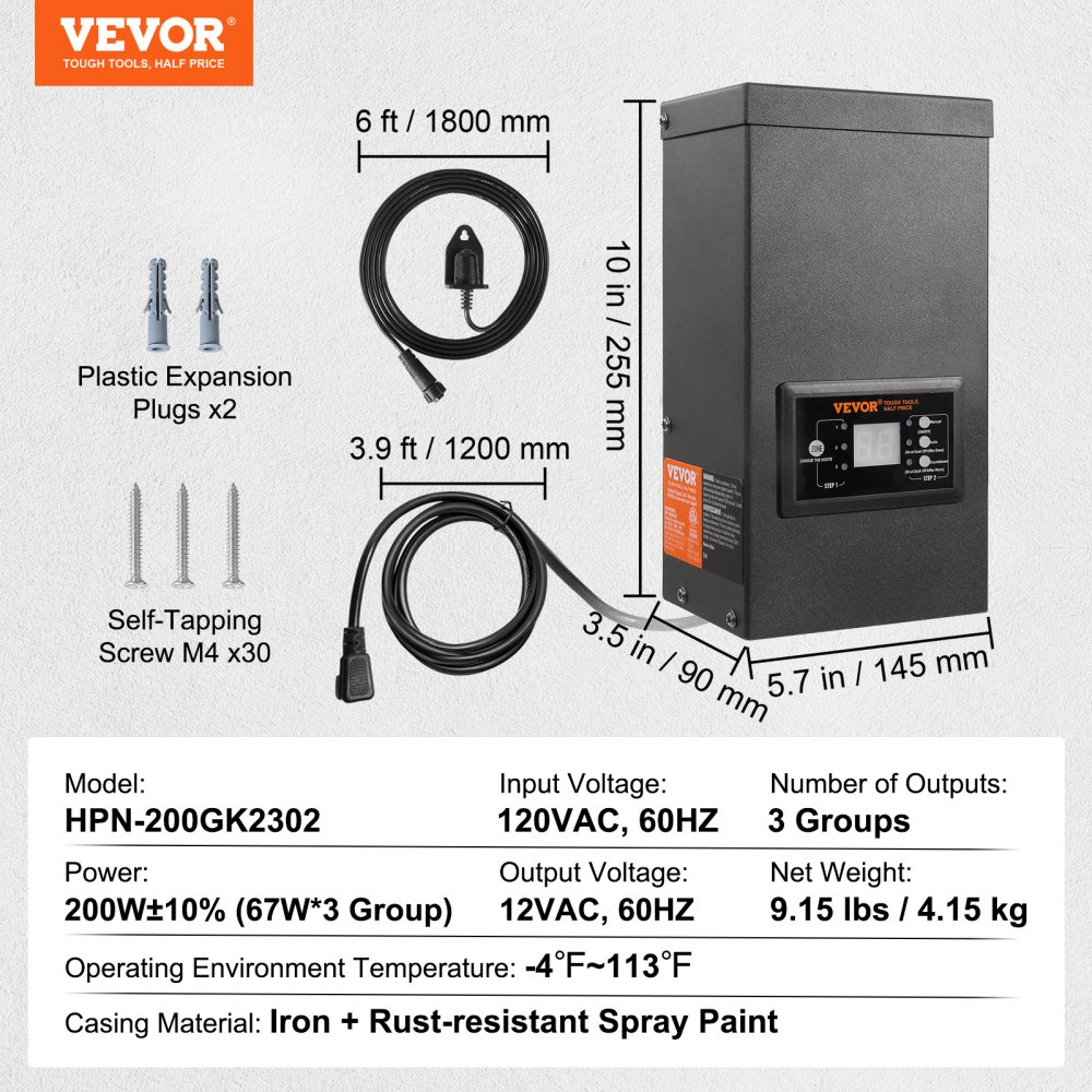 VEVOR 200W Low Voltage Landscape Transformer with Timer and Photocell Sensor, Waterproof Landscape Lighting Transformer, 120V AC to 12V/14V AC for Outdoor, Spotlight, Pathway Light, Pool light, ETL