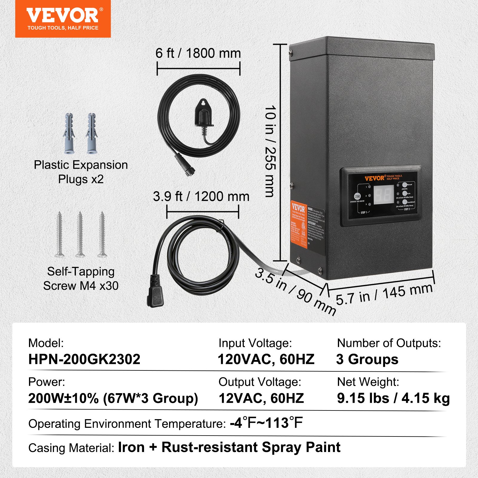 VEVOR 200W Low Voltage Landscape Transformer with Timer and Photocell Sensor, Waterproof Landscape Lighting Transformer, 120V AC to 12V/14V AC for Outdoor, Spotlight, Pathway Light, Pool light, ETL