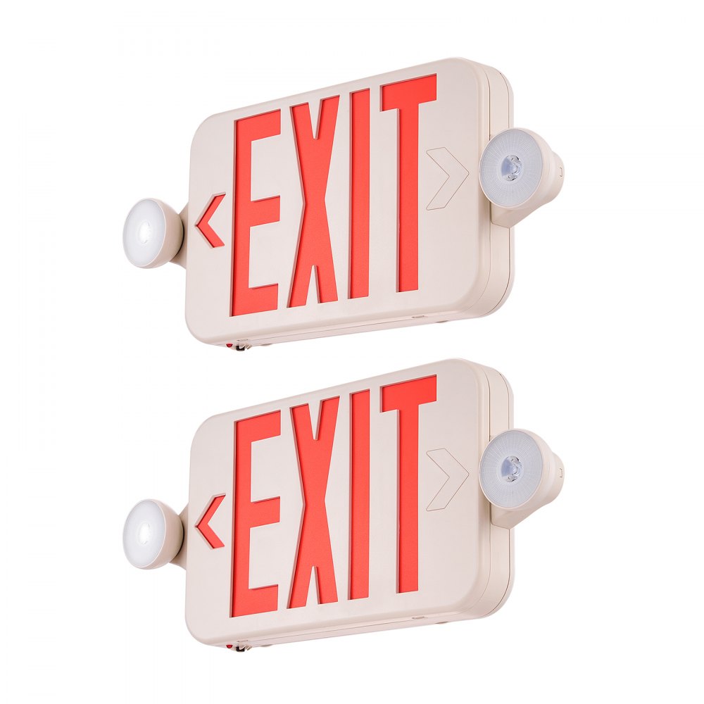 VEVOR led exit sign with emergency lights, bright red text on white background, set of two.