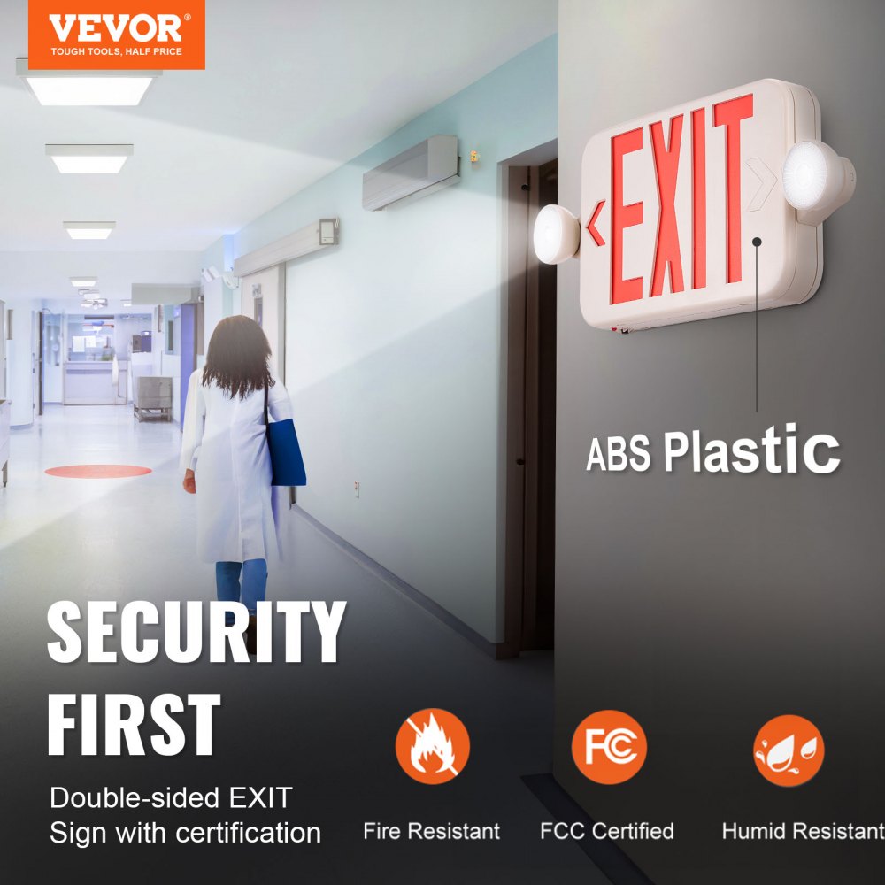VEVOR LED Emergency Exit Sign, Dual Adjustable LED Heads, Battery-Backed Fire Exit Lighting, Red Letter Combo, Commercial Grade