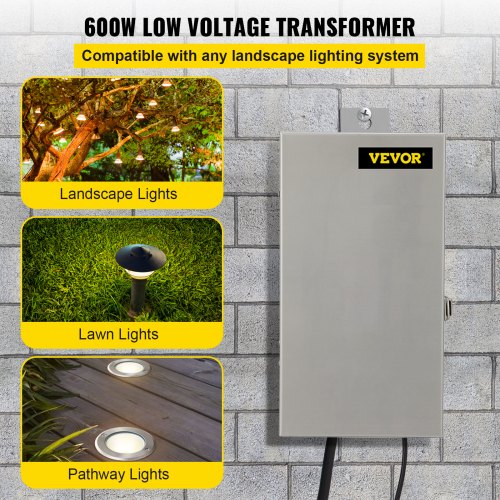 VEVOR Multi-Tap Low Voltage Transformer, 600W 120V AC to 12V/13V/14V/15V AC, Heavy-Duty Stainless Steel Landscape Transformer with Digital Timer Photocell Sensor, for Landscape Lighting