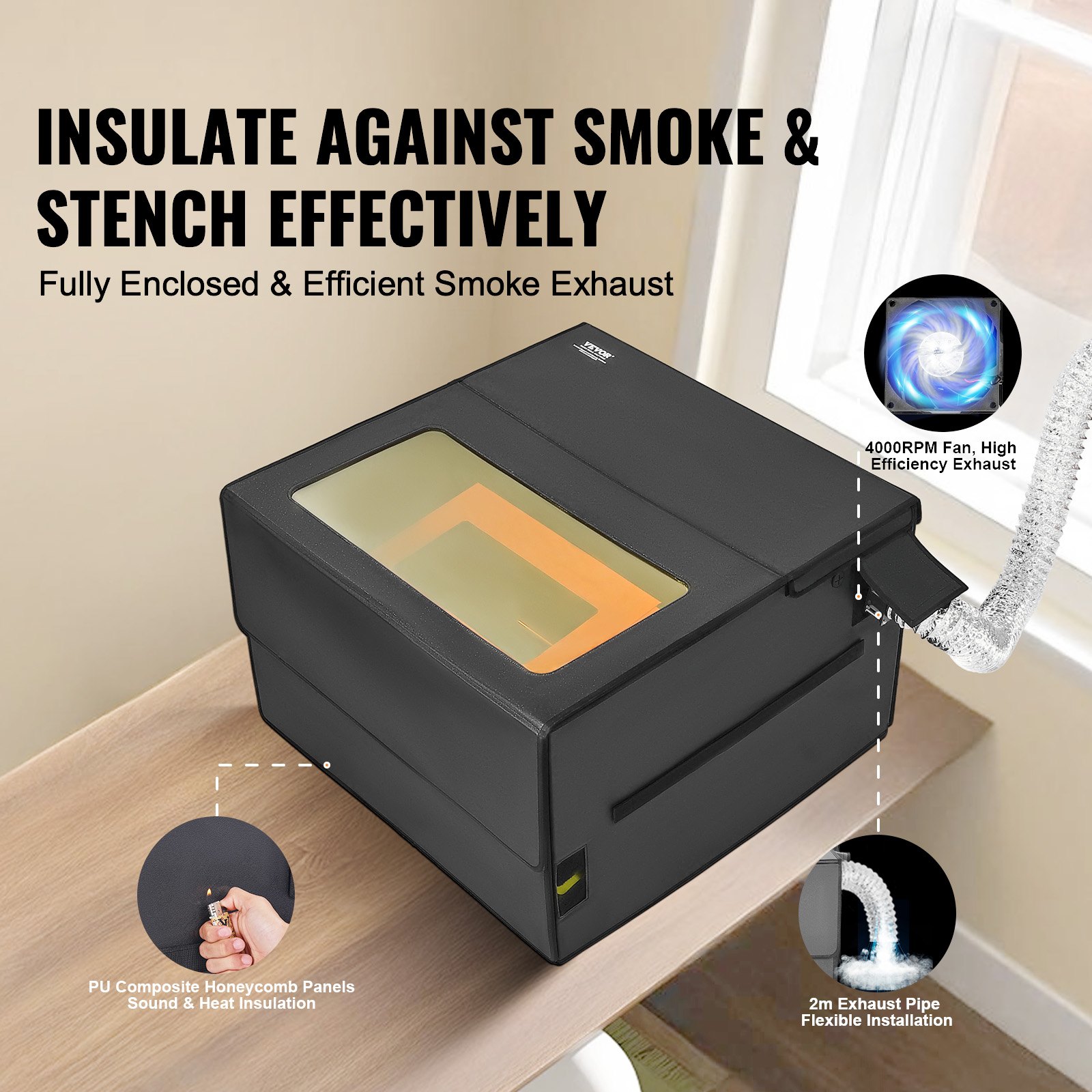 VEVOR Laser Engraver Enclosure, 800 x 800 x 500 mm, Flame Retardant and Fireproof Protective Cover, with Exhaust Fan and Pipe, Insulates Smoke, Noise and Eye Protection, Fits for Most Laser Engraver
