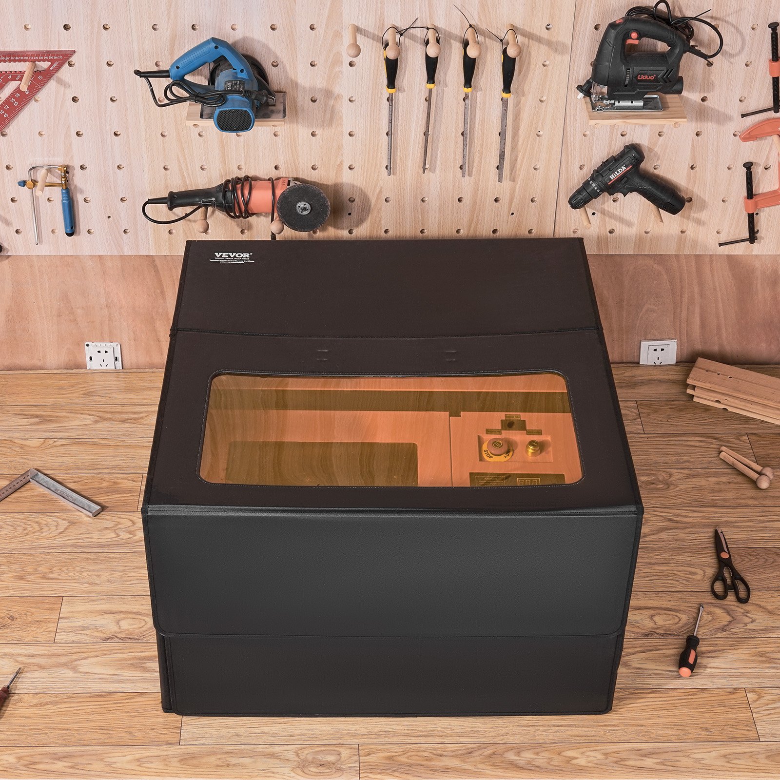 VEVOR Laser Engraver Enclosure, 31.5 x 31.5 x 19.6", Flame Retardant and Fireproof Protective Cover, with Exhaust Fan and Pipe, Insulates Smoke, Noise and Eye Protection, Fits for Most Laser Engraver