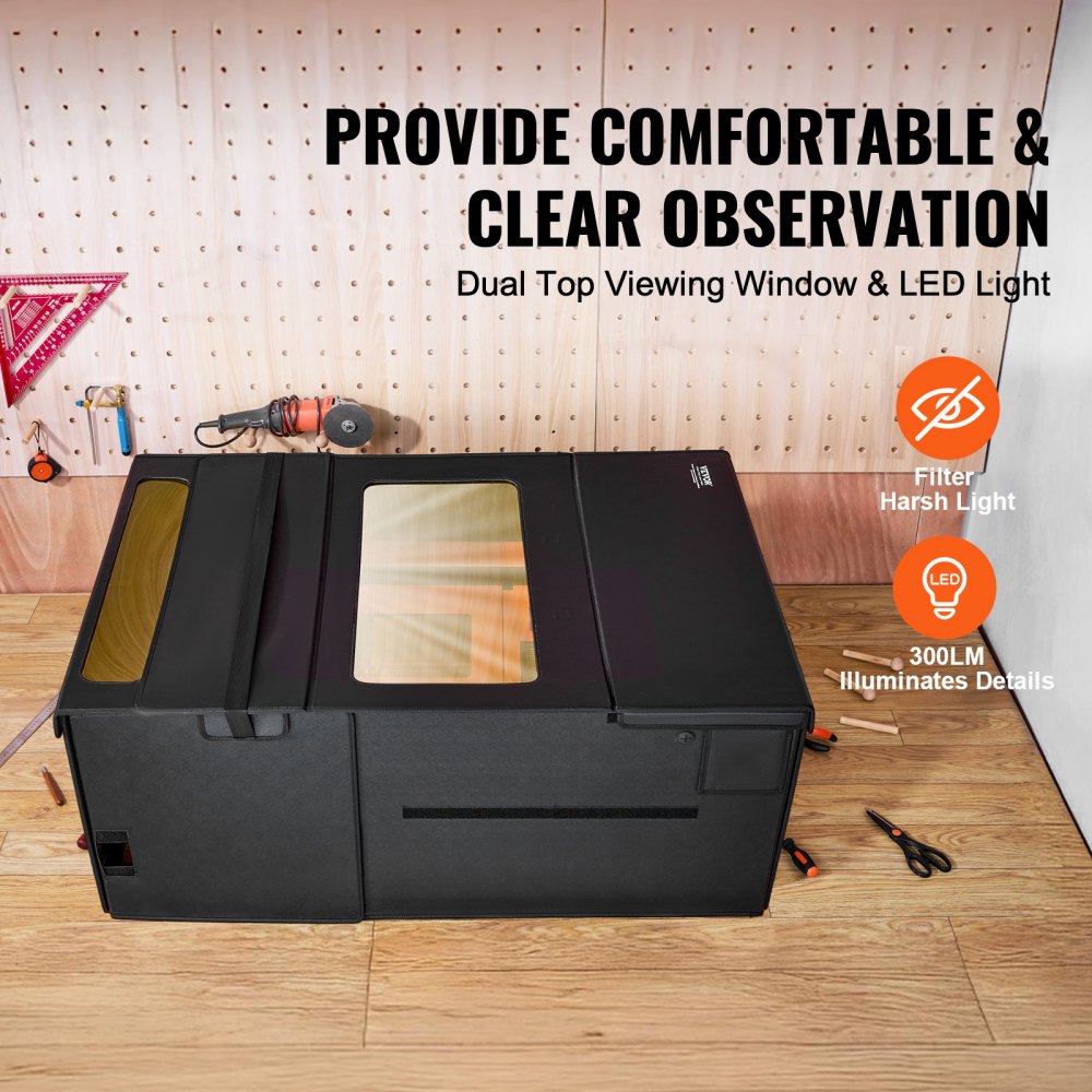 VEVOR Laser Engraver Enclosure, 48 x 31.5 x 19.6", Dual-Direction Viewing, Flame Retardant and Fireproof Protective Cover, with Exhaust Fan and Pipe, Insulates Smoke, Noise and Eye Protection