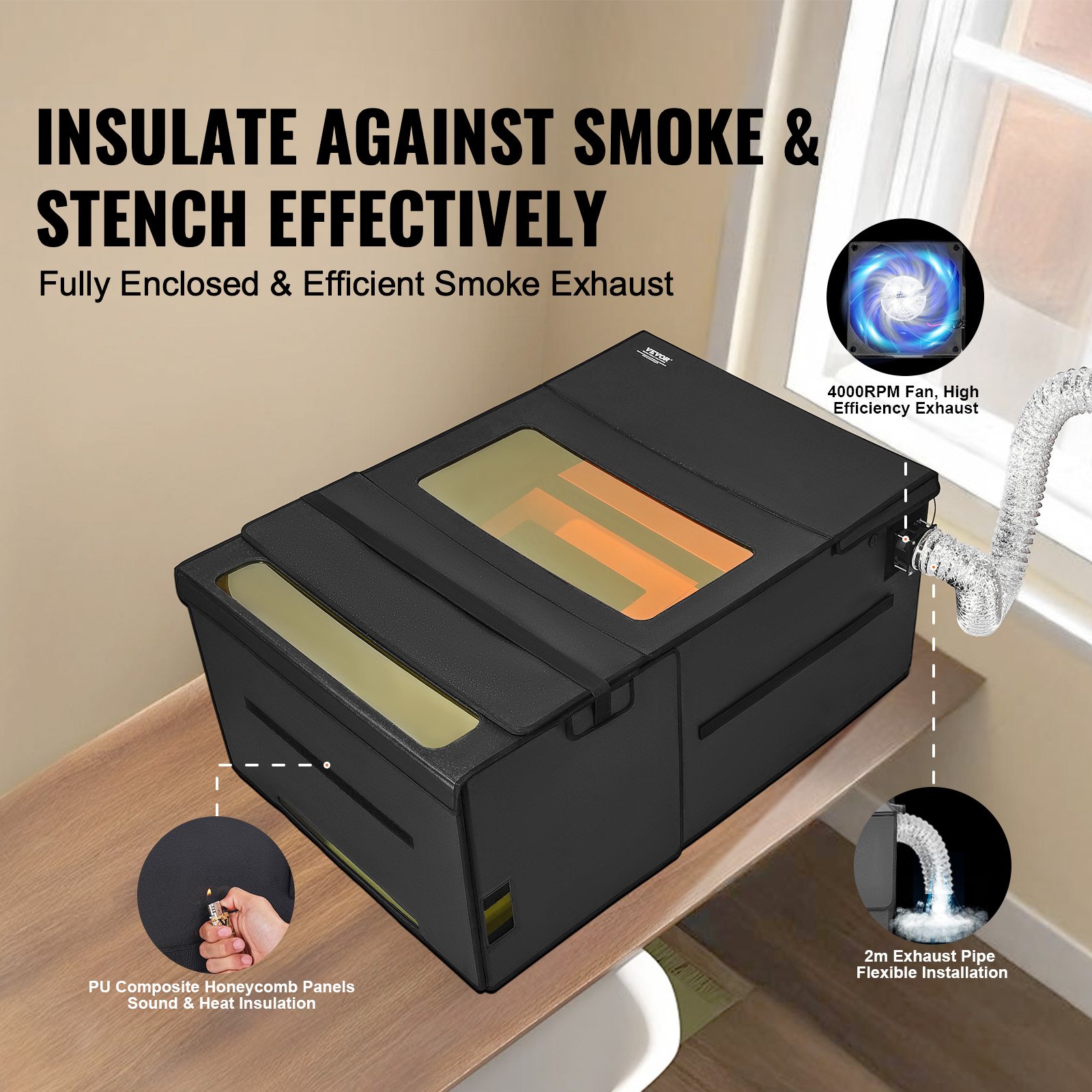 VEVOR Laser Engraver Enclosure, 48 x 31.5 x 19.6", Dual-Direction Viewing, Flame Retardant and Fireproof Protective Cover, with Exhaust Fan and Pipe, Insulates Smoke, Noise and Eye Protection