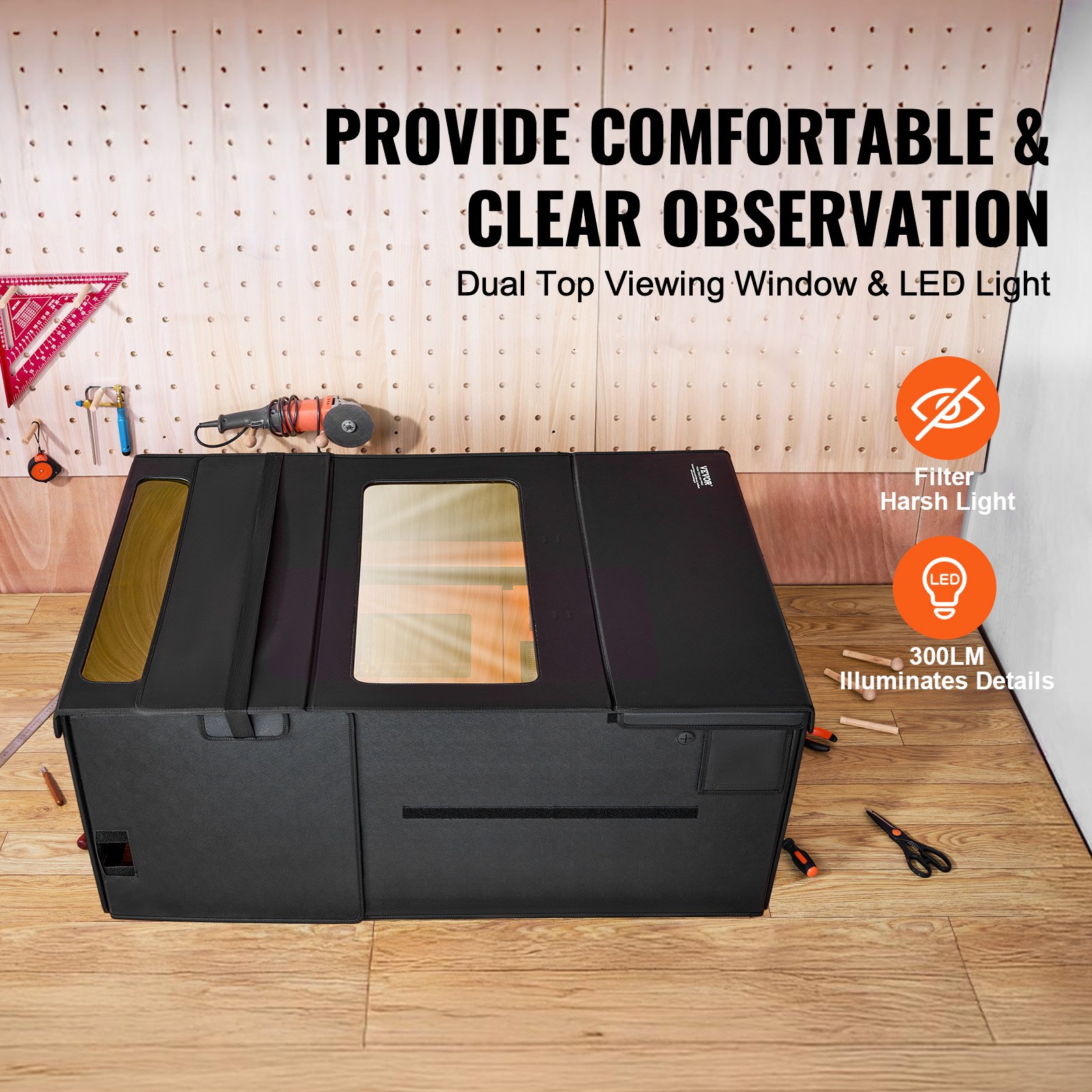 VEVOR Laser Engraver Enclosure, 48 x 31.5 x 19.6", Dual-Direction Viewing, Flame Retardant and Fireproof Protective Cover, with Exhaust Fan and Pipe, Insulates Smoke, Noise and Eye Protection