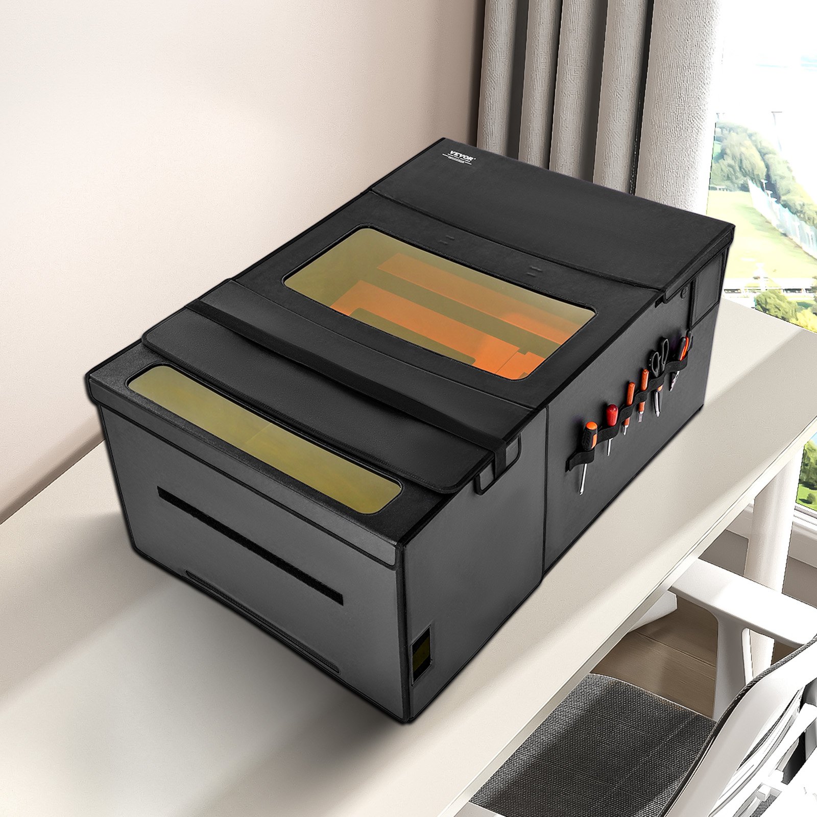 VEVOR Laser Engraver Enclosure, 48 x 31.5 x 19.6", Dual-Direction Viewing, Flame Retardant and Fireproof Protective Cover, with Exhaust Fan and Pipe, Insulates Smoke, Noise and Eye Protection