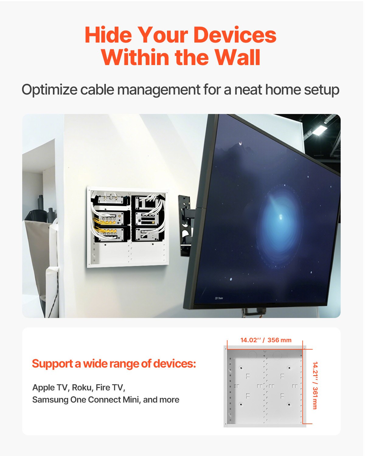 VEVOR Structured Media Enclosure, 14-Inch, Recessed in-Wall Media Box with Cover, Wall-Mount Cable Management Box Kit, Structured Wiring Multi-Media Cabinet, Cold-Rolled Steel, for TV Home Theater